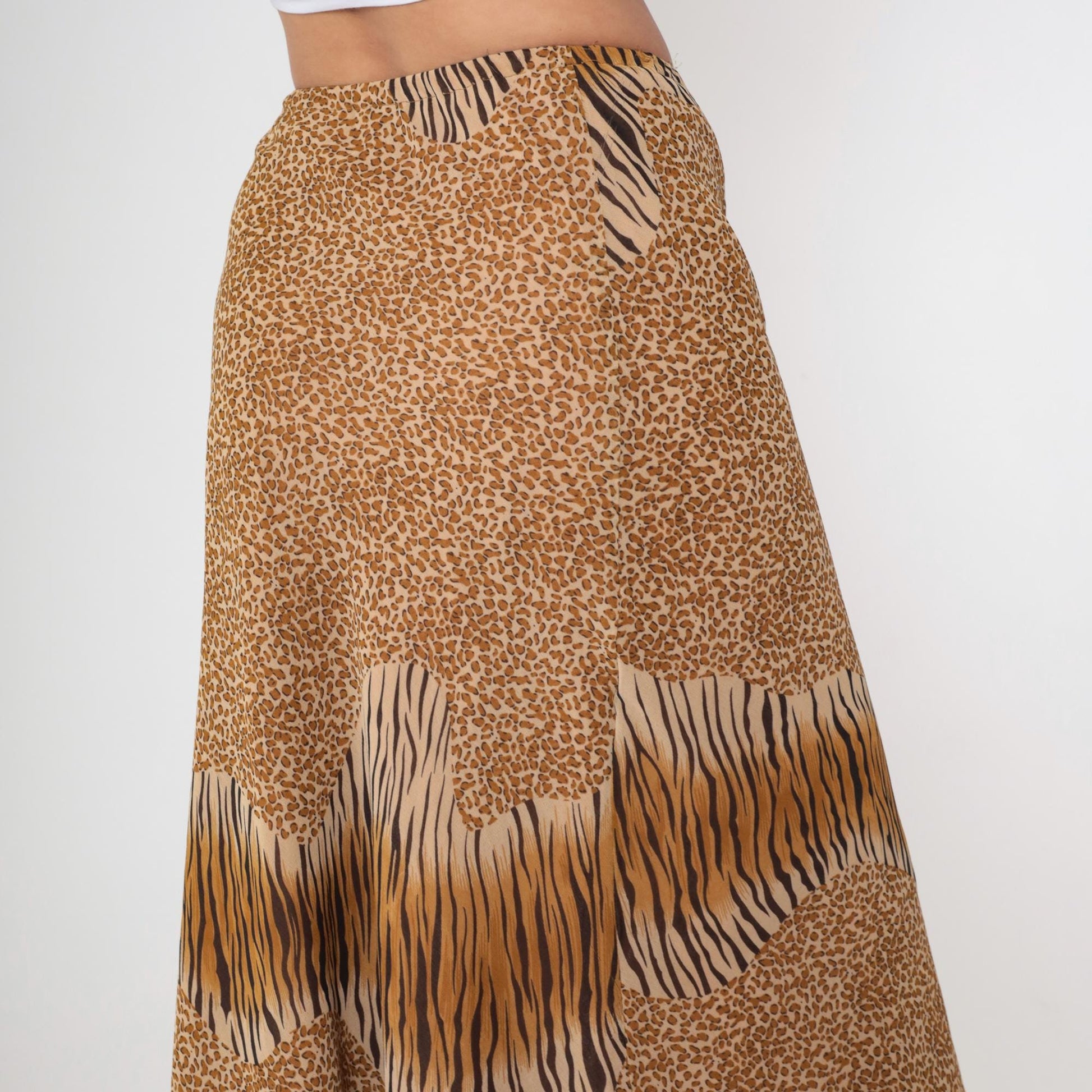 Y2K Mixed Animal Print Midi Skirt Leopard Zebra Cheetah Tiered Ruffle Medium