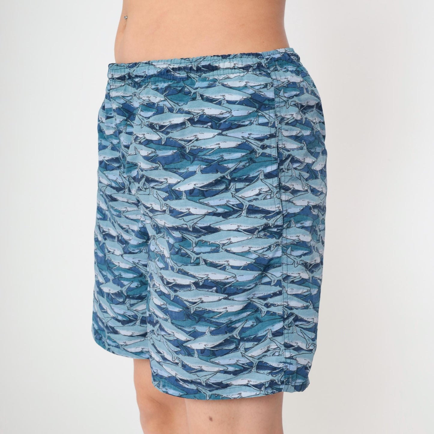 Y2K Shark Print Swim Trunks Ocean Blue Mesh Lined Board Shorts Medium M