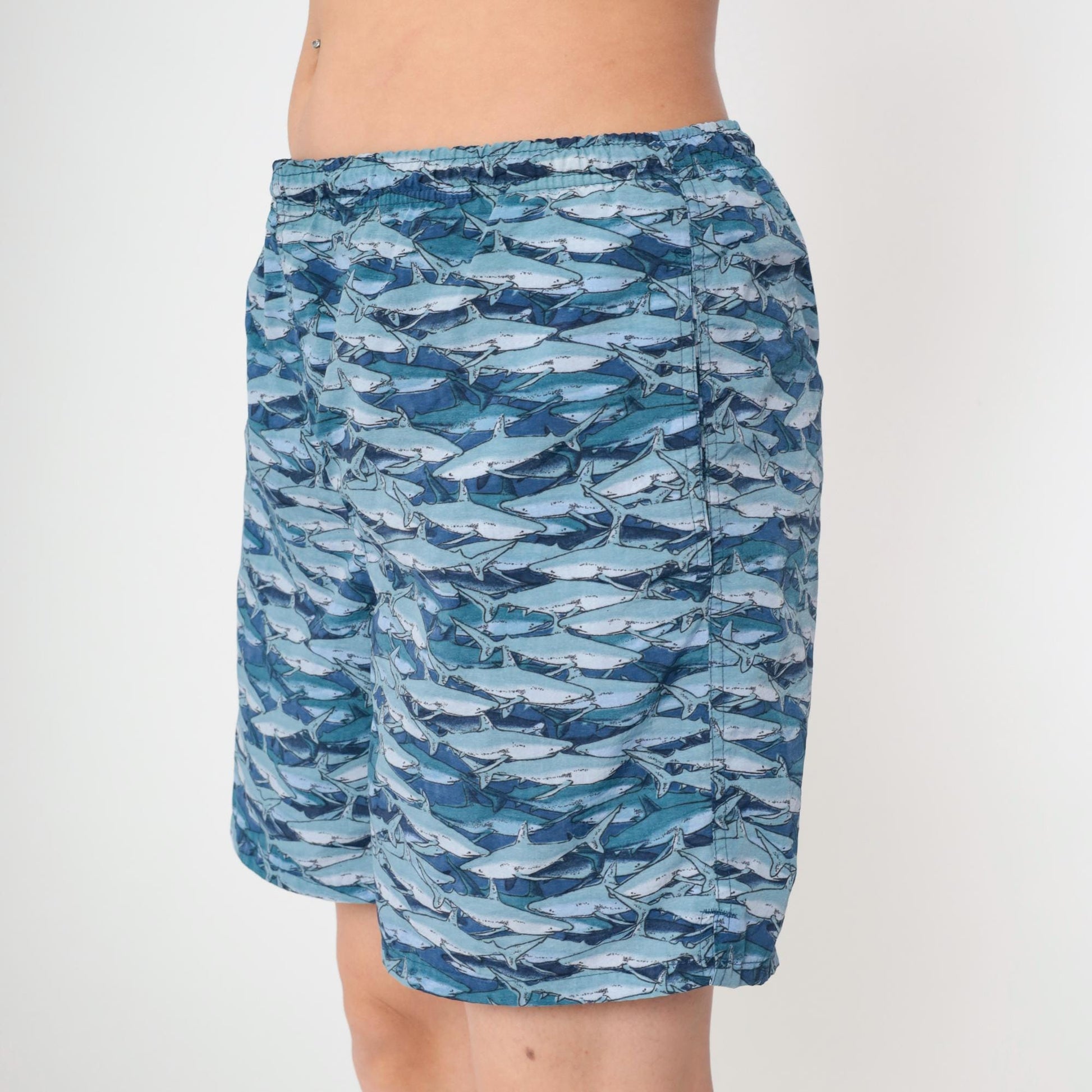 Y2K Shark Print Swim Trunks Ocean Blue Mesh Lined Board Shorts Medium M