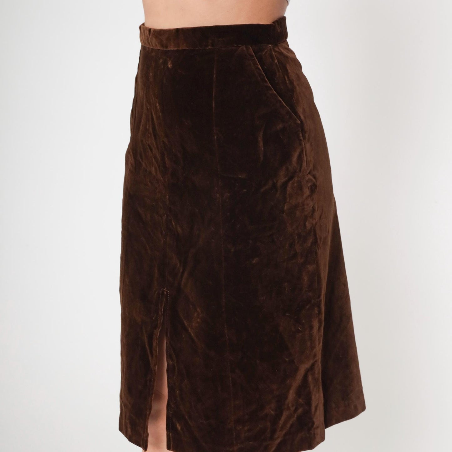 70s Brown Velvet Mini Skirt High Waist A-Line Small