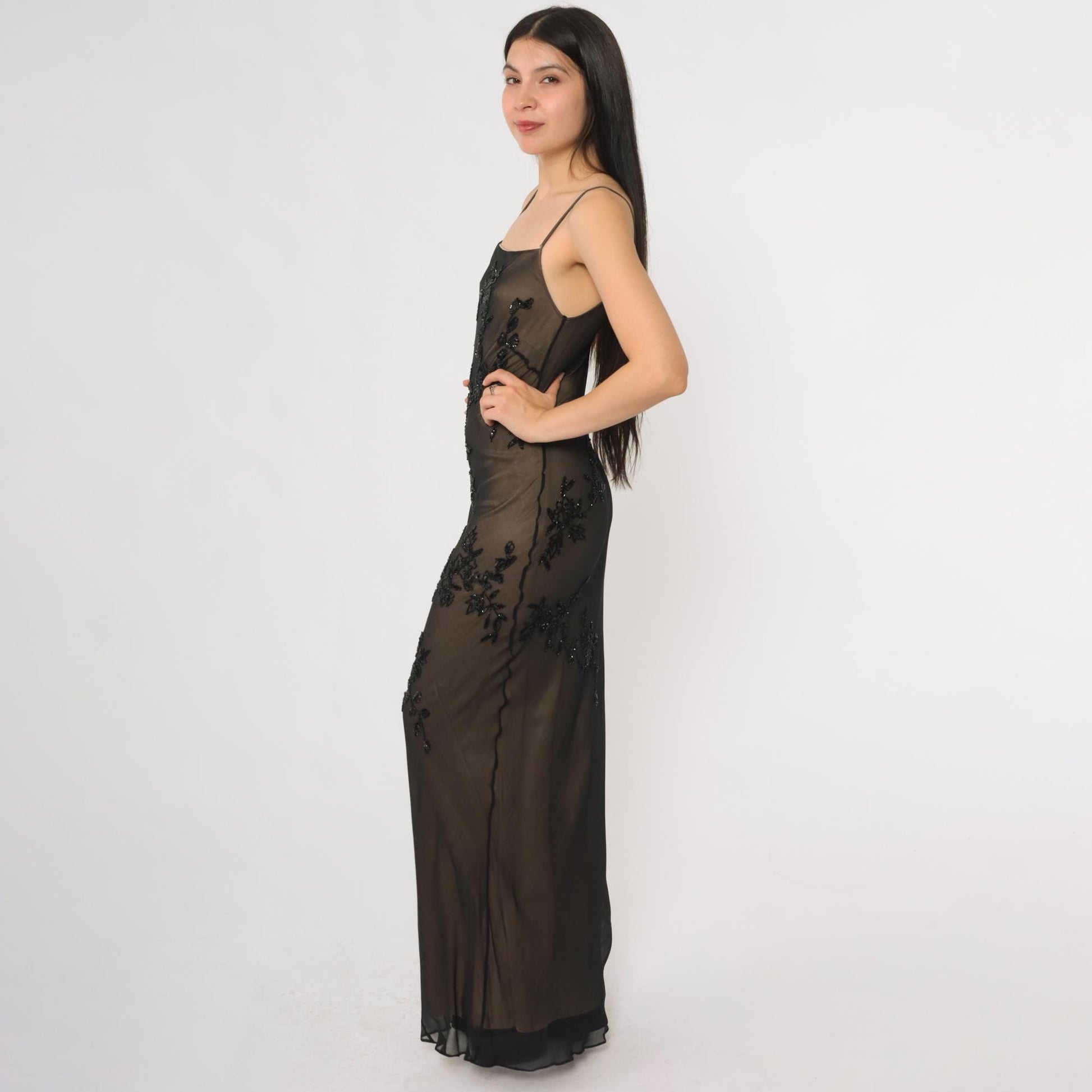 Y2K Marina Bresler Black Silk Beaded Maxi Slip Dress Small S