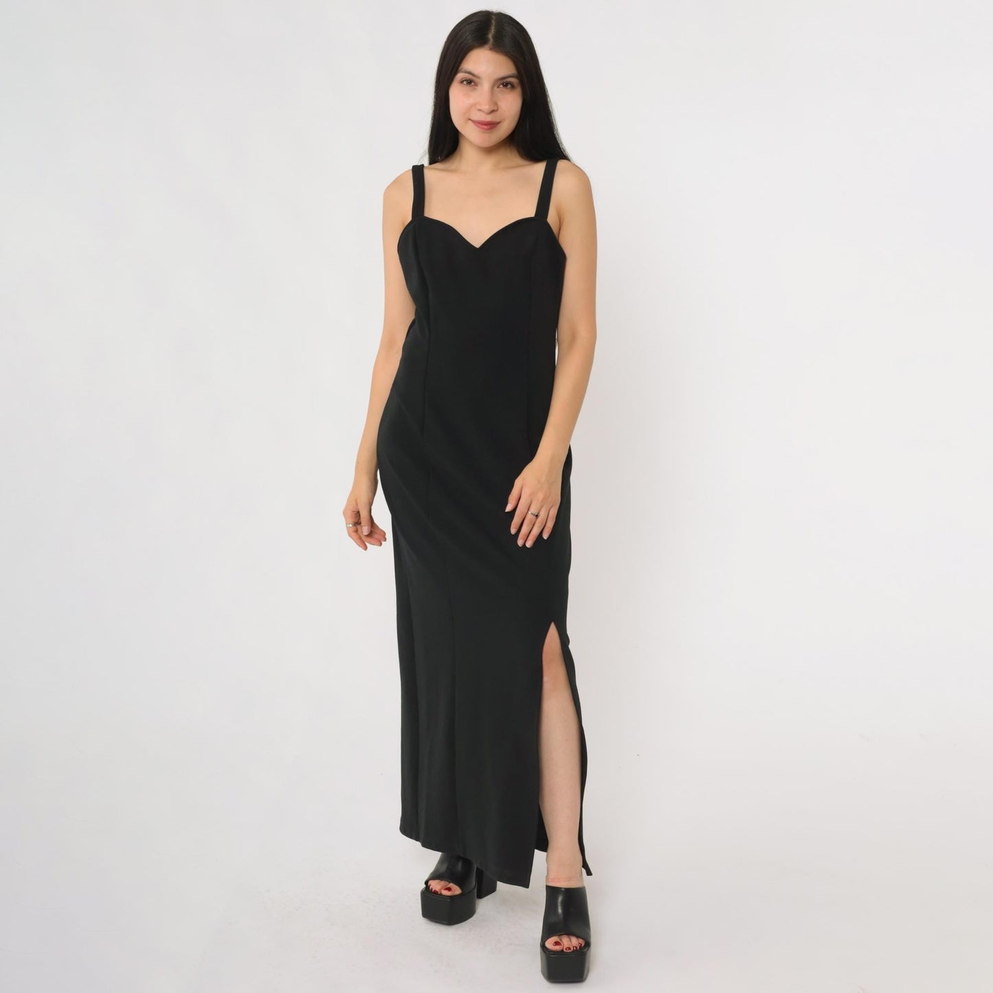 90s Black Velvet Maxi Gown Sweetheart Neckline Side Slit Medium M