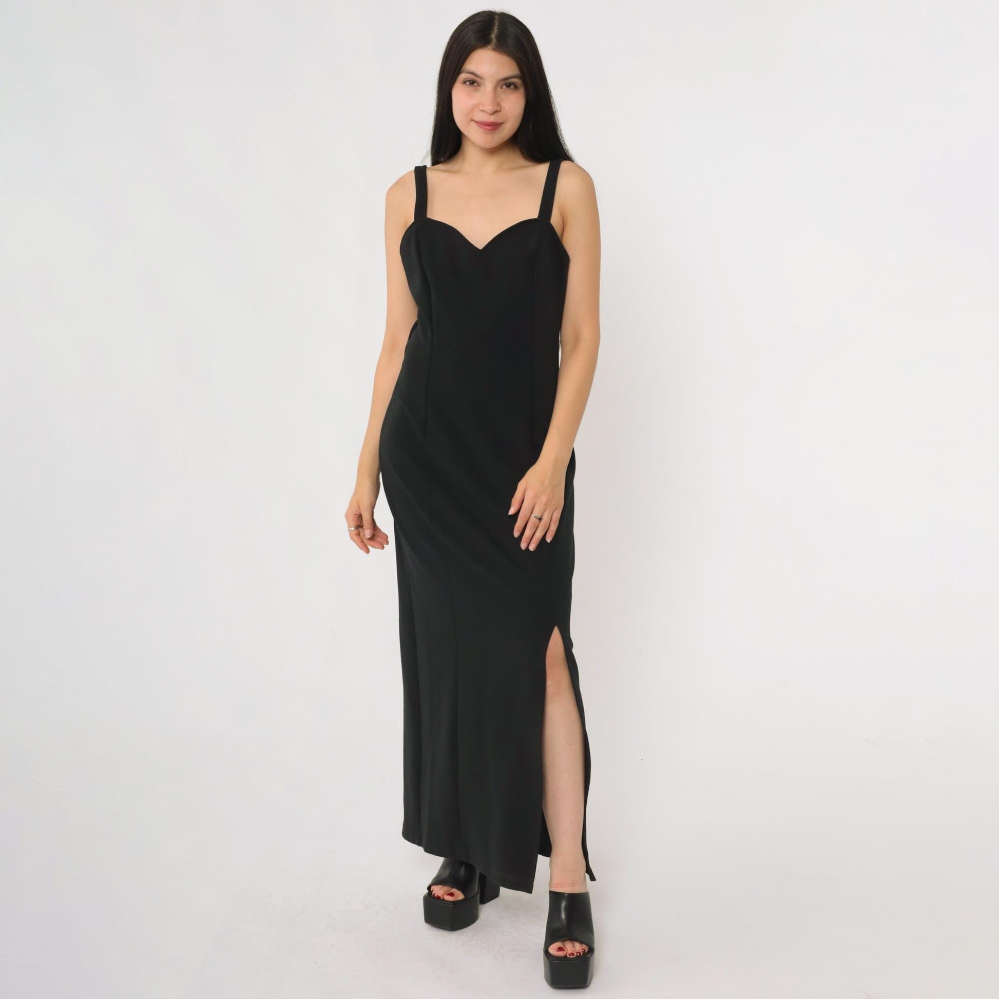 90s Black Velvet Maxi Gown Sweetheart Neckline Side Slit Medium M