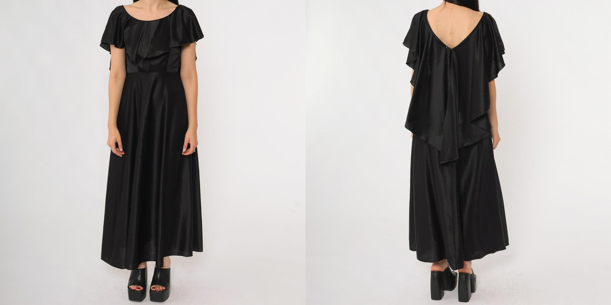 70s Black Satin Maxi Dress Flutter Sleeve Ruffle Overlay Small