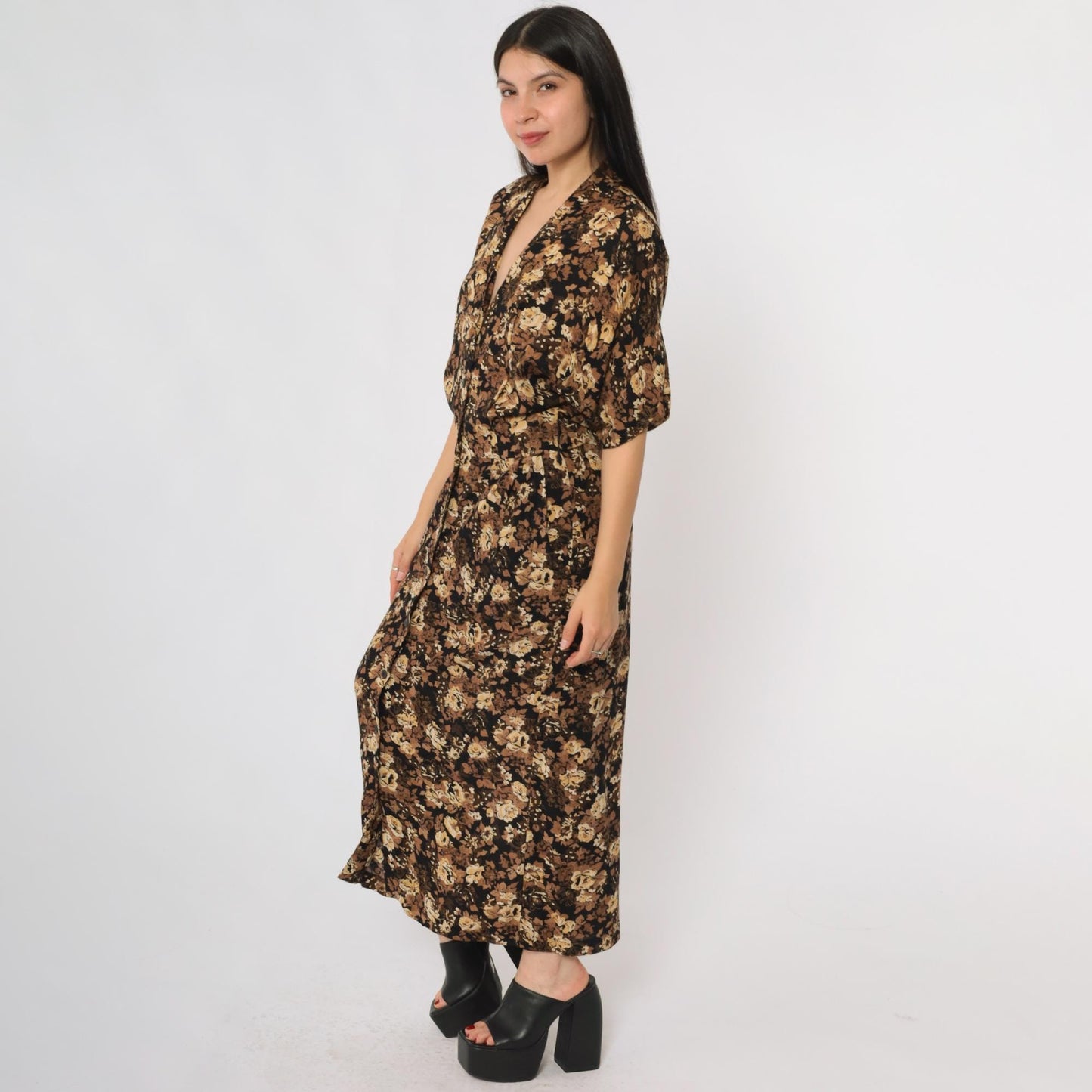 90s Rabbit Designs Floral Maxi Dress Black Rose Print Button Front Medium