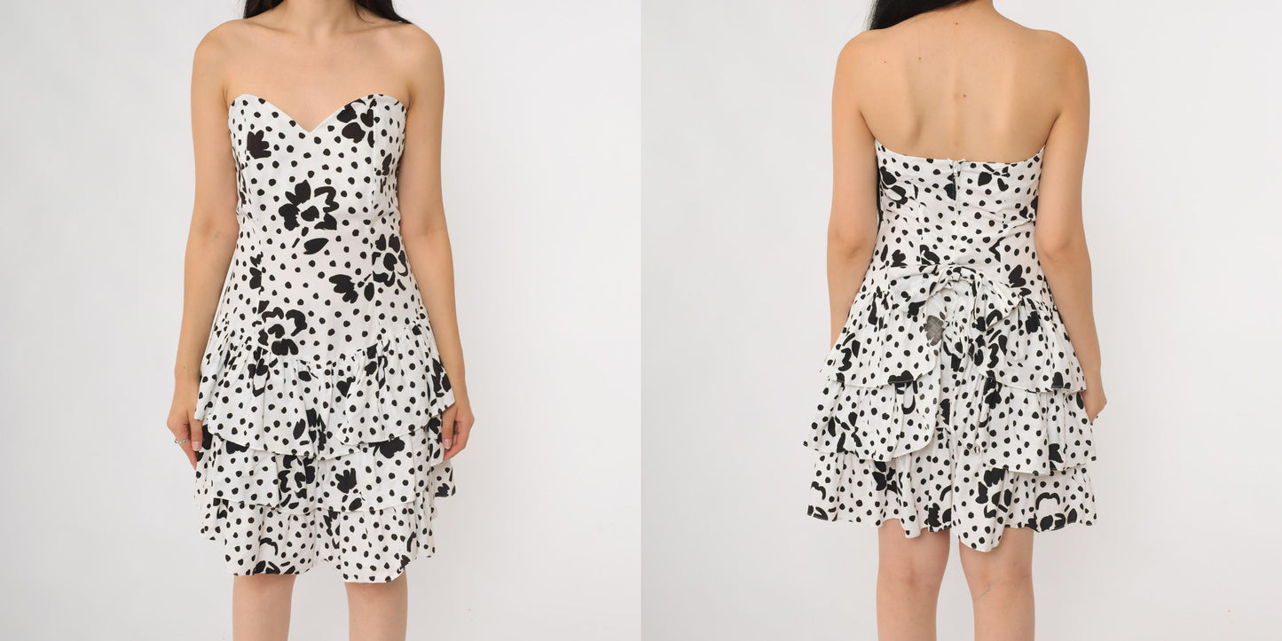80s Rampage Strapless Mini Dress Black White Polka Dot Floral Sweetheart Small