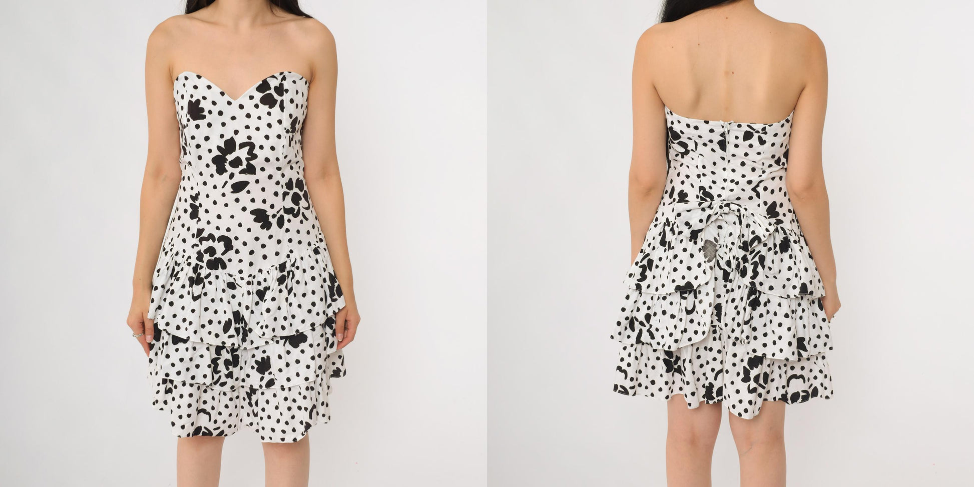 80s Rampage Strapless Mini Dress Black White Polka Dot Floral Sweetheart Small