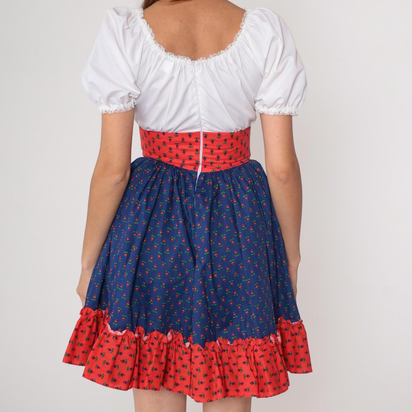 70s Folk Dirndl Dress Blue Floral White Puff Sleeve Red Corset Extra Small