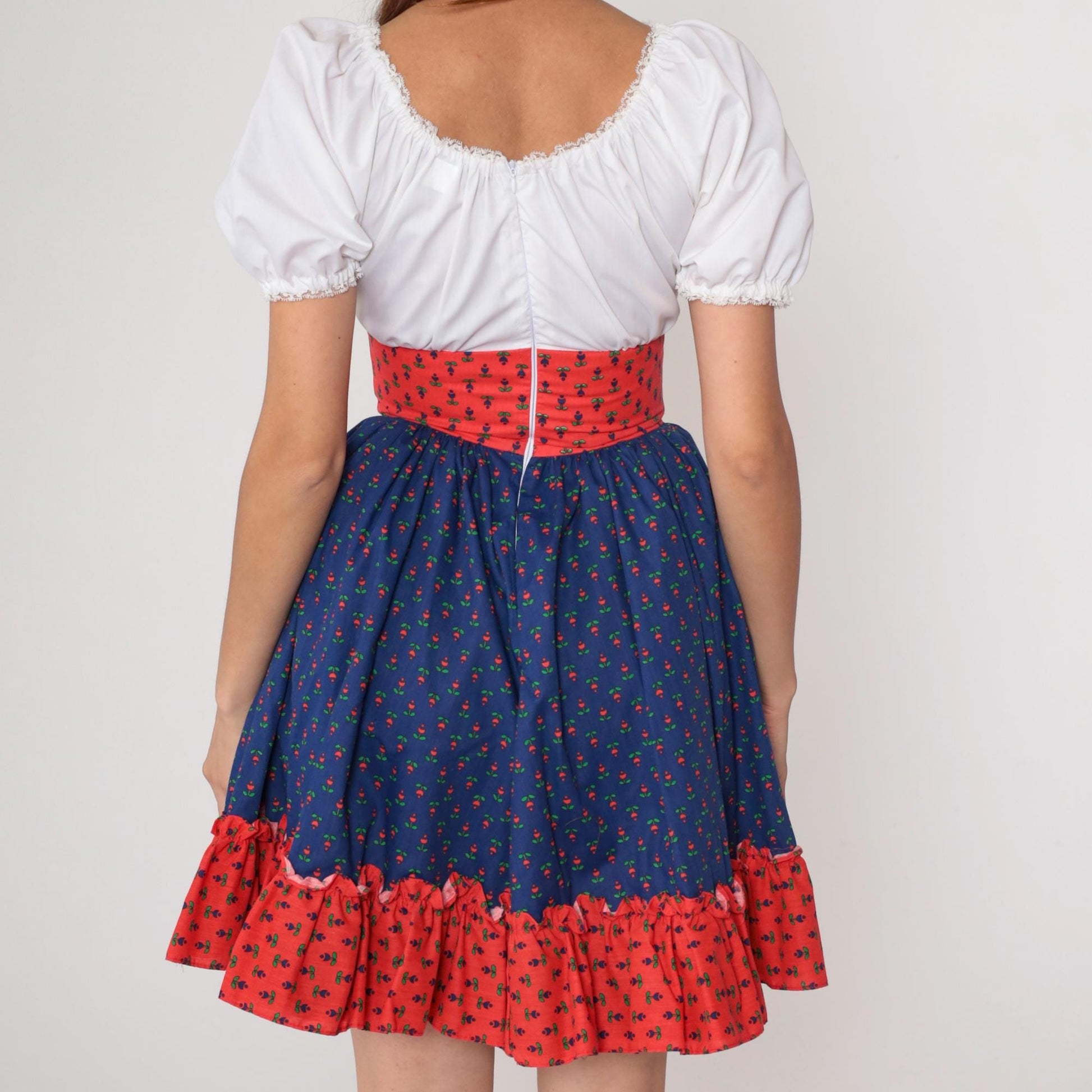 70s Folk Dirndl Dress Blue Floral White Puff Sleeve Red Corset Extra Small