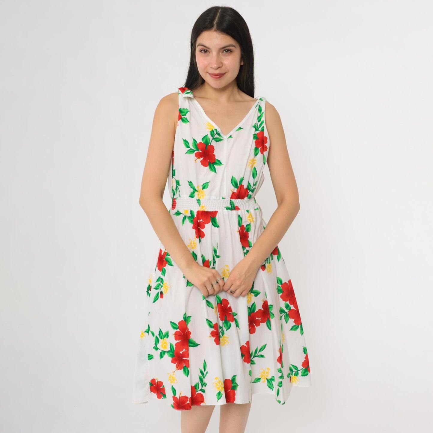 80s Royal Creations White Cotton Hibiscus Floral Midi Dress Tie Shoulder Small