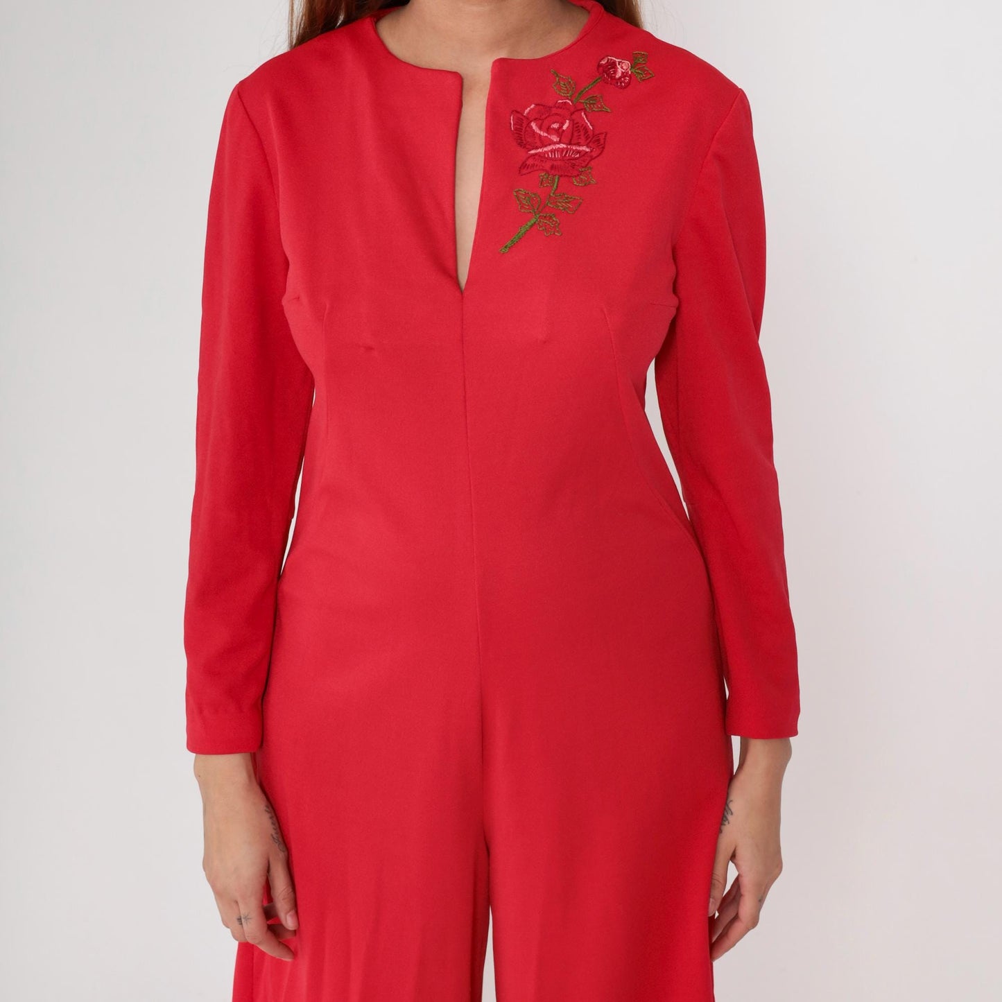 70s Red Jumpsuit Rose Embroidered Wide Leg V-Neck Long Sleeve Medium