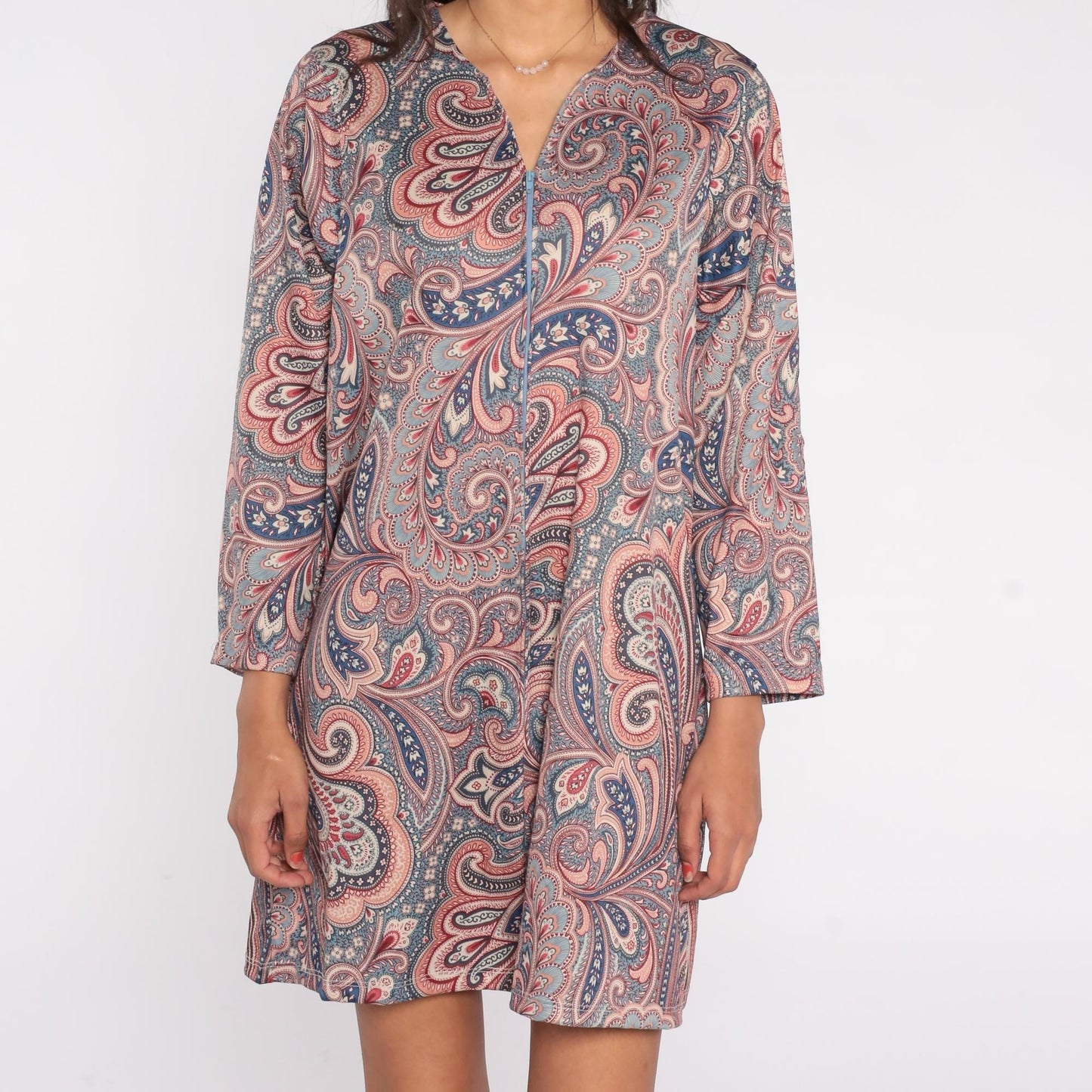 80s Paisley Mini Dress Blue Pink V-Neck Long Sleeve Zip Shift Large L
