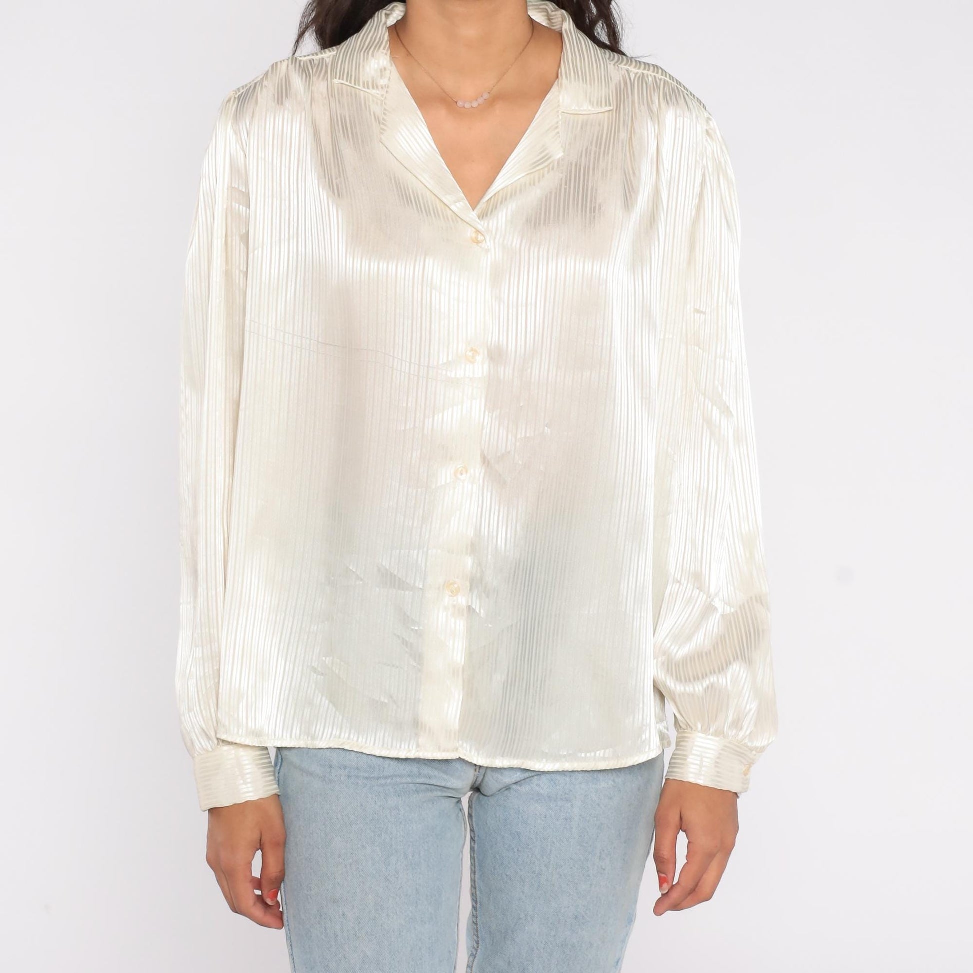 90s That's What! of California Satin Blouse Cream Striped Button Up V Neck Large