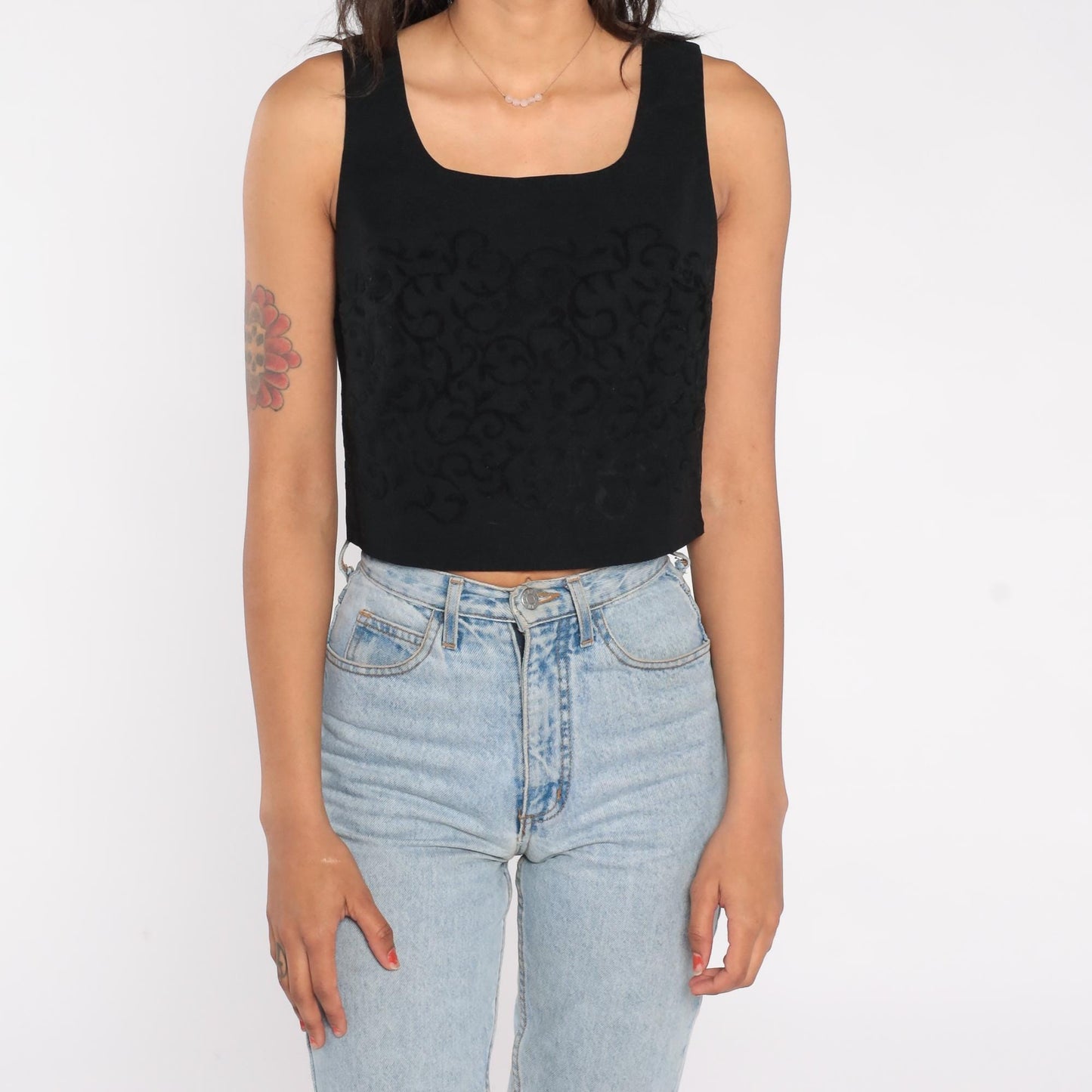 90s XOXO Black Jacquard Crop Top Square Neck Sleeveless Medium M