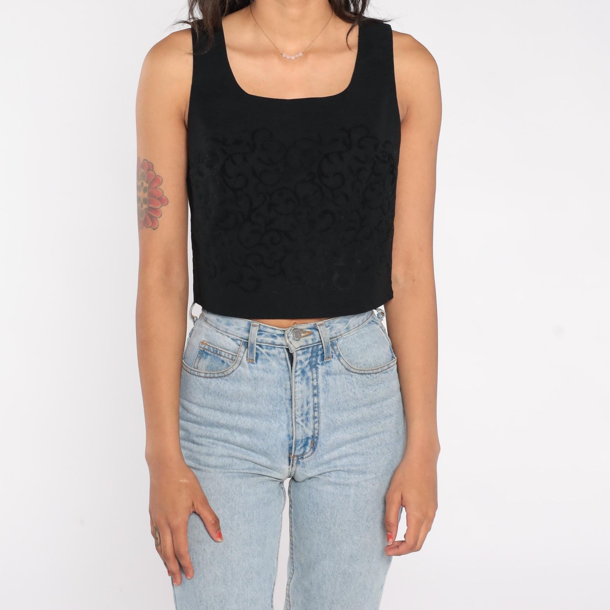 90s XOXO Black Jacquard Crop Top Square Neck Sleeveless Medium M