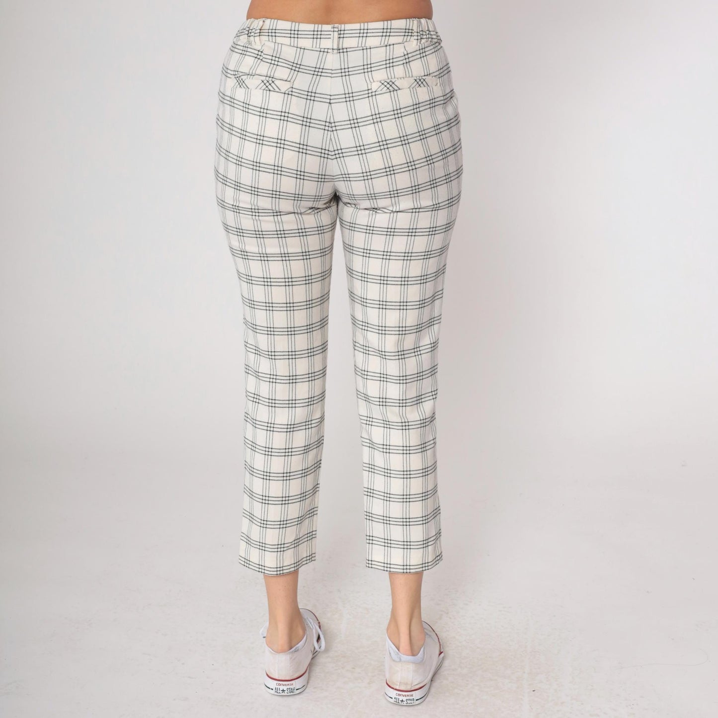 Y2K High Waist Grid Check Trousers Black White Plaid Ankle Crop Medium