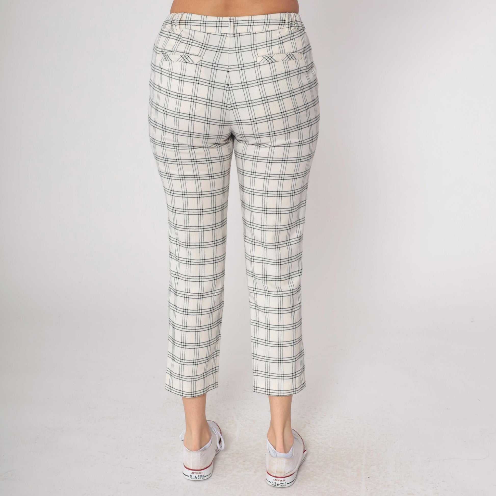 Y2K High Waist Grid Check Trousers Black White Plaid Ankle Crop Medium