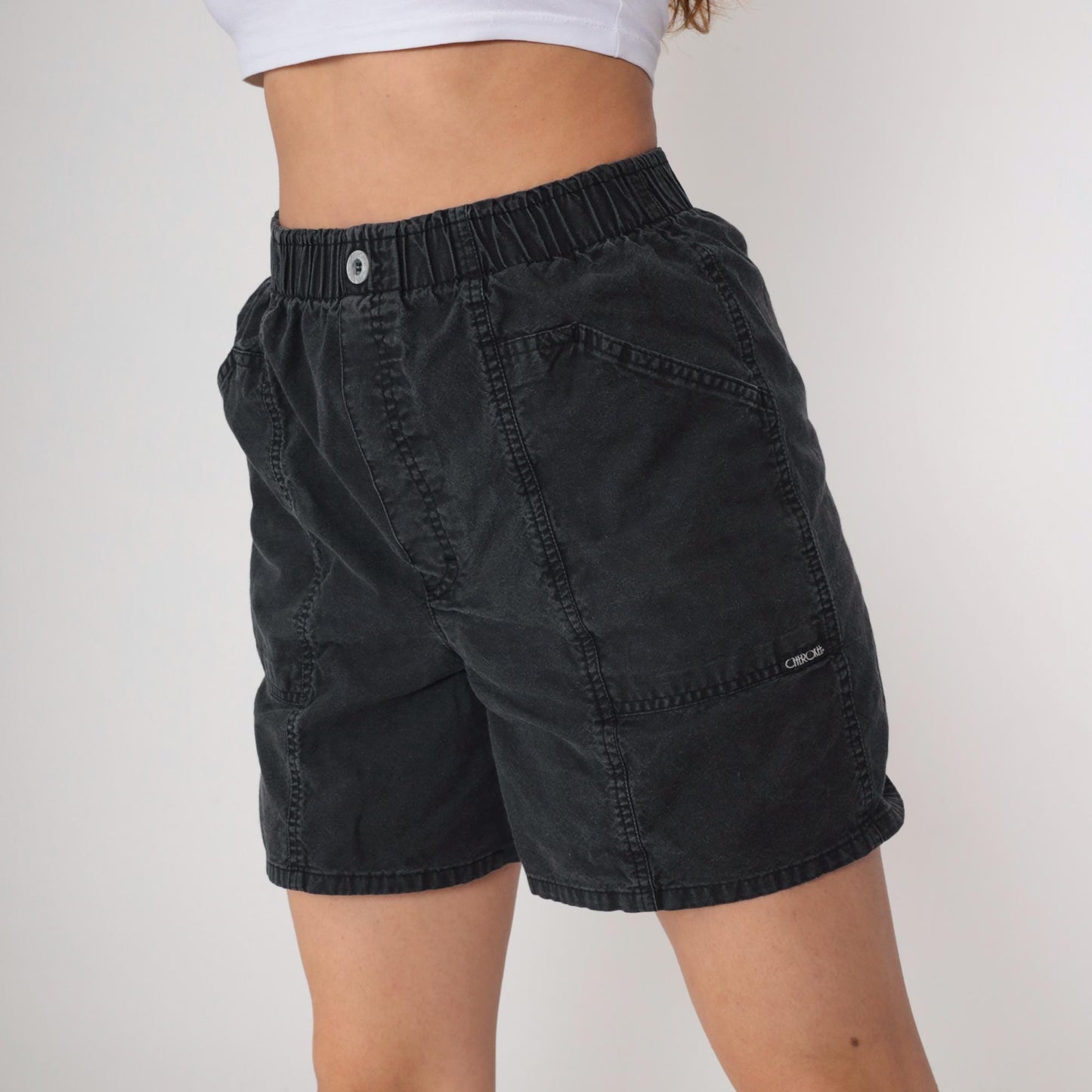90s Cherokee Black Cotton Utility Shorts Elastic Waist Small