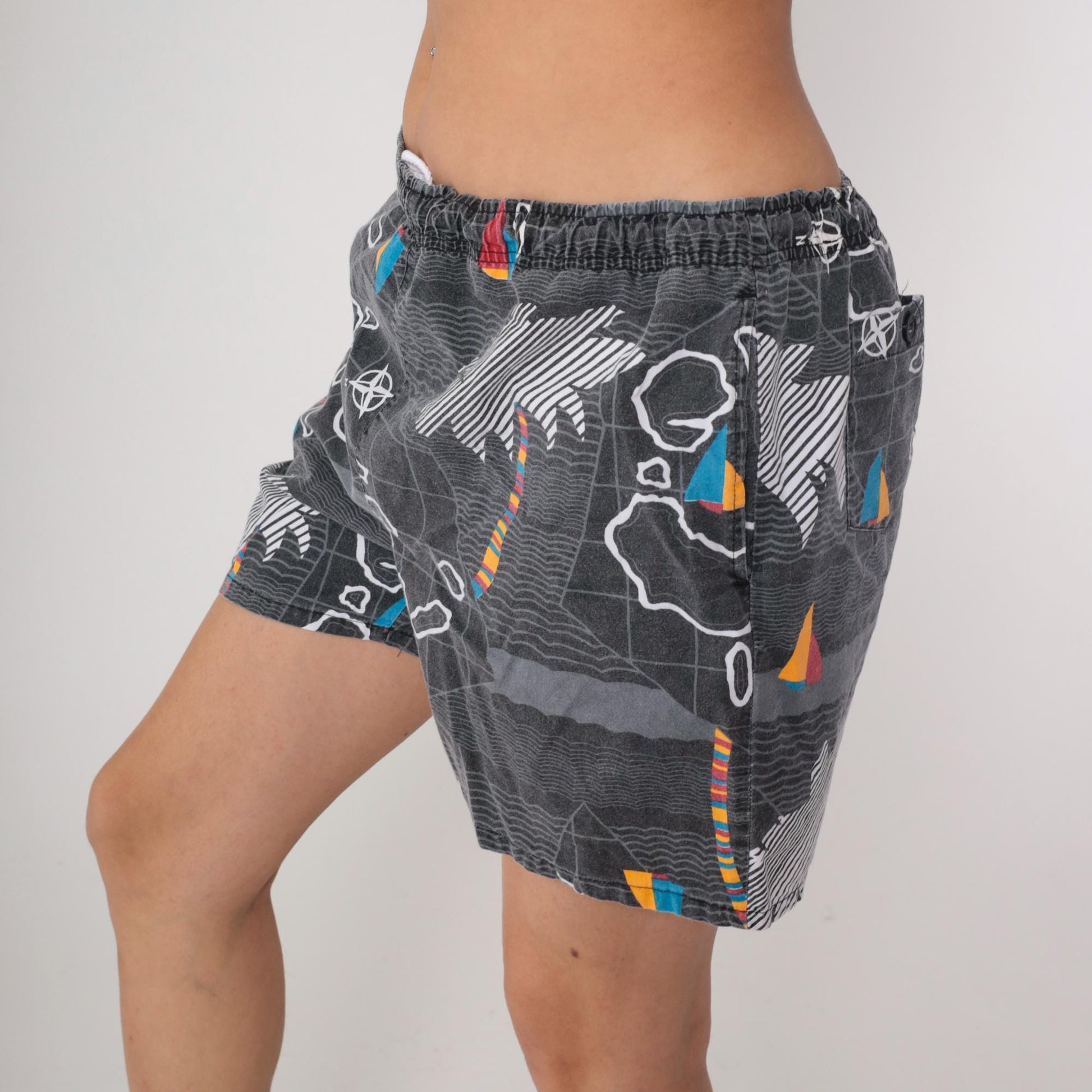 90s Blair Map Print Cotton Swim Trunks Grey Island Graphic Large L