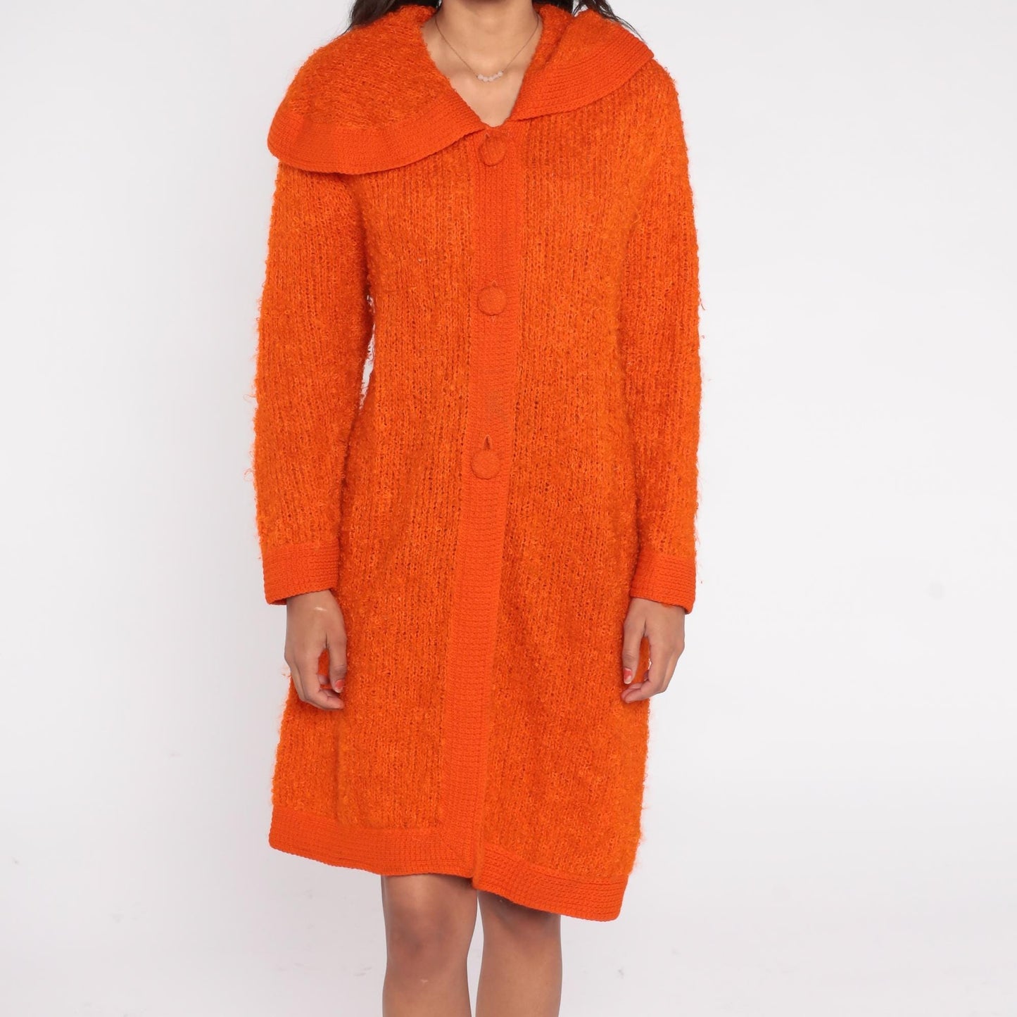 70s Mur Elen California Orange Boucle Cardigan Coat Maxi Length Small