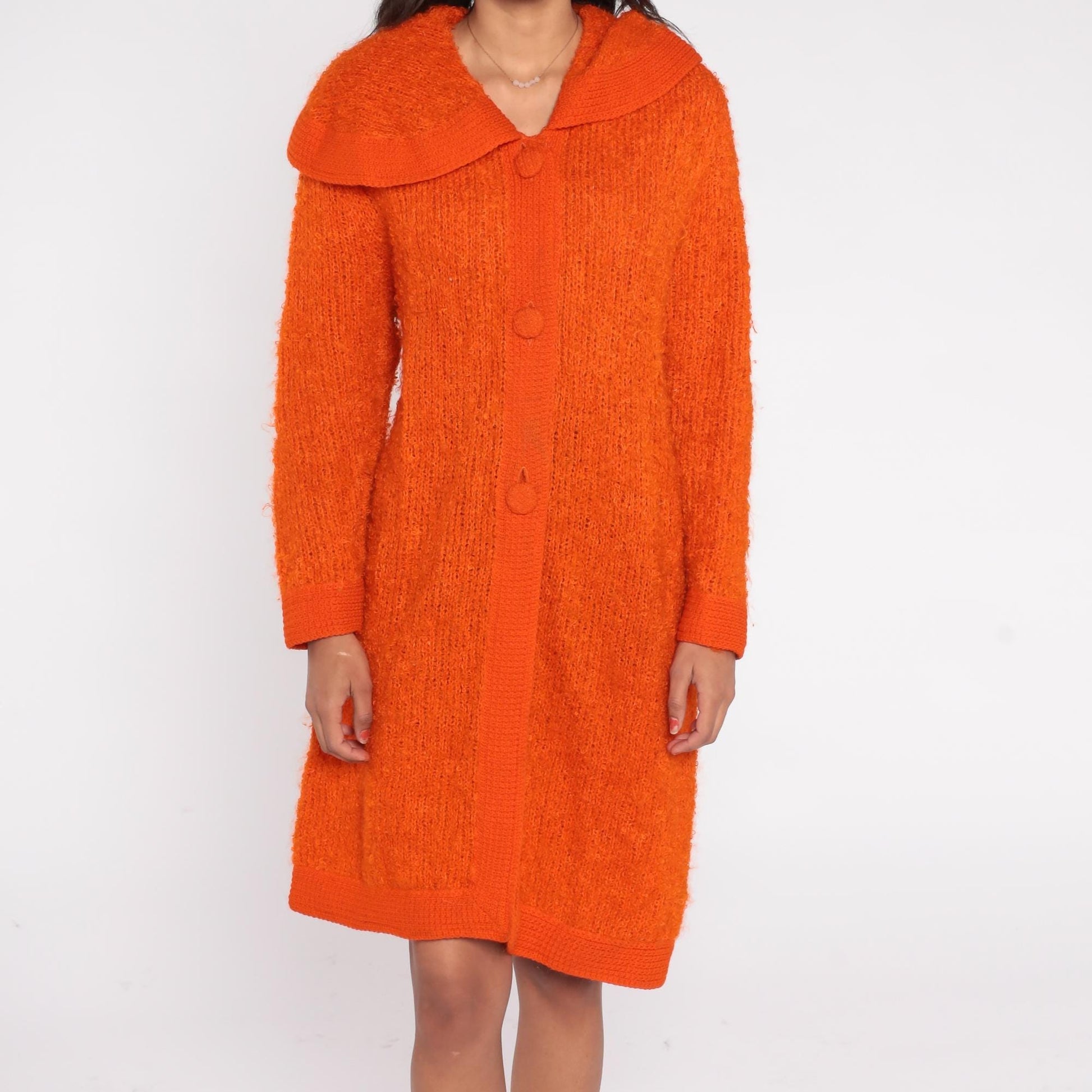 70s Mur Elen California Orange Boucle Cardigan Coat Maxi Length Small