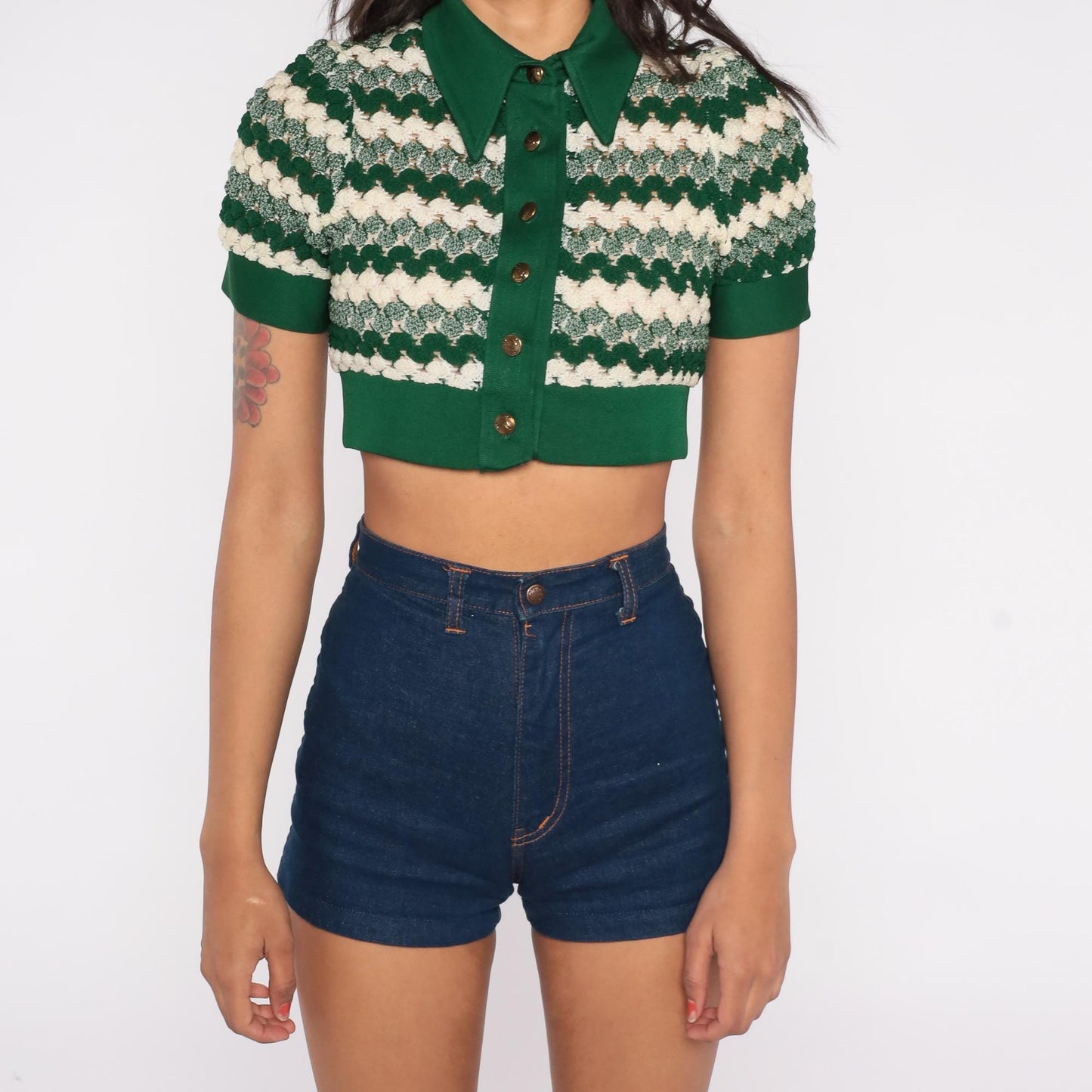 70s Emerald Green Chevron Knit Crop Cardigan Button Front Short Sleeve XS