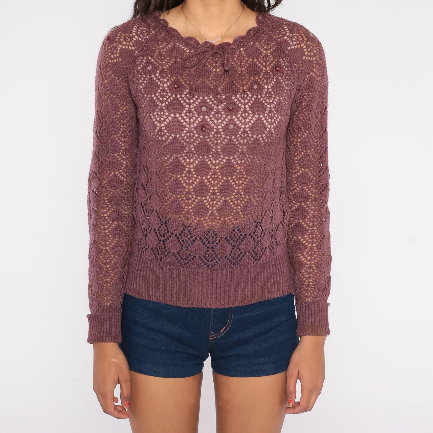 80s Purple Mauve Open Knit Crochet Pullover Scalloped Neckline Small S