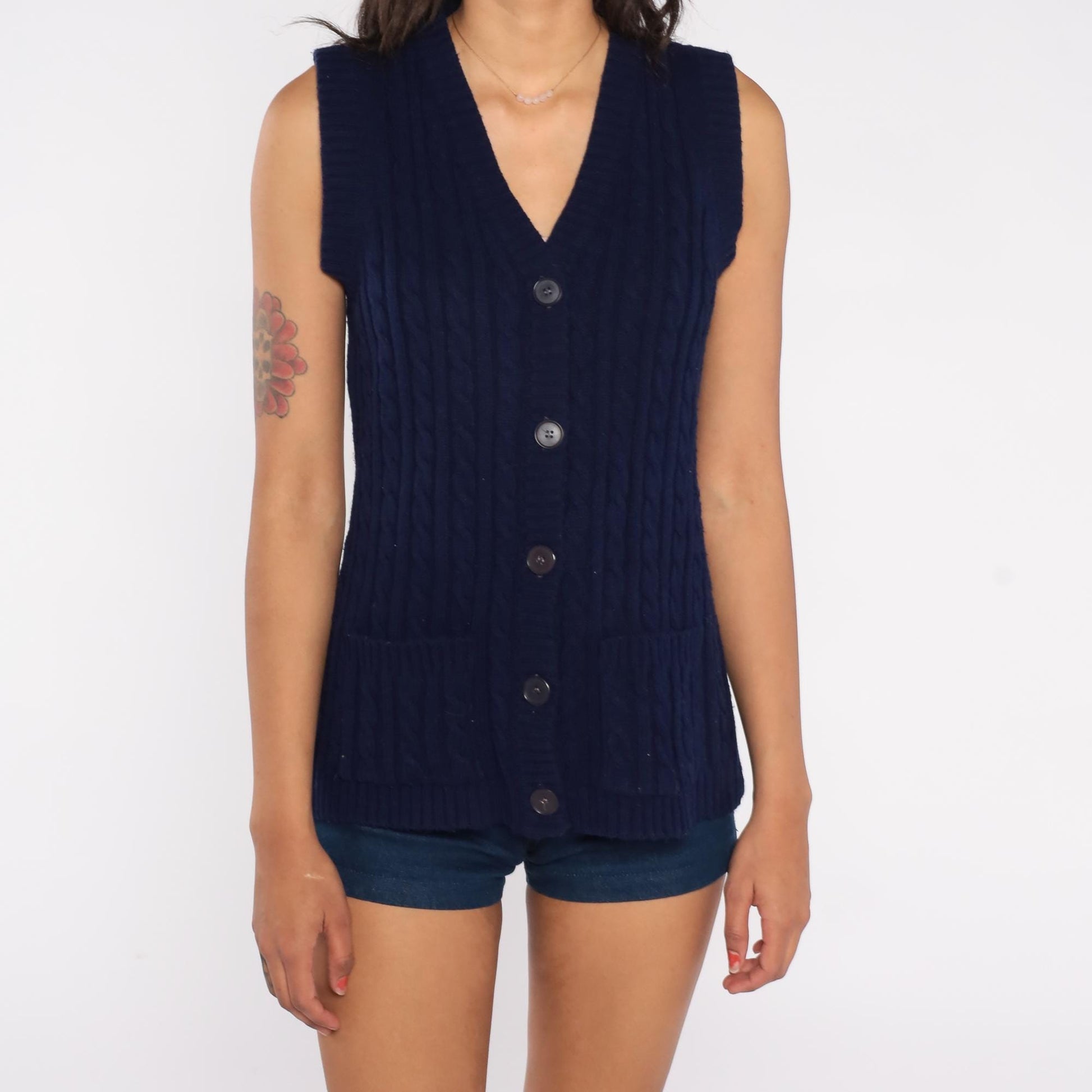 70s Dayne Taylor Navy Cable Knit Sweater Vest V-Neck Pockets Medium
