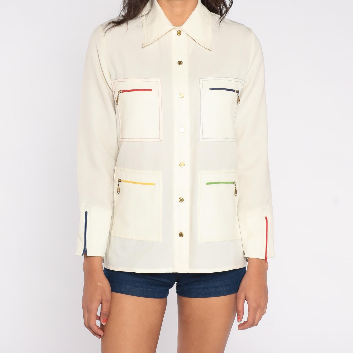 70s King James California Cream Shirt Colorful Zipper Pockets Medium