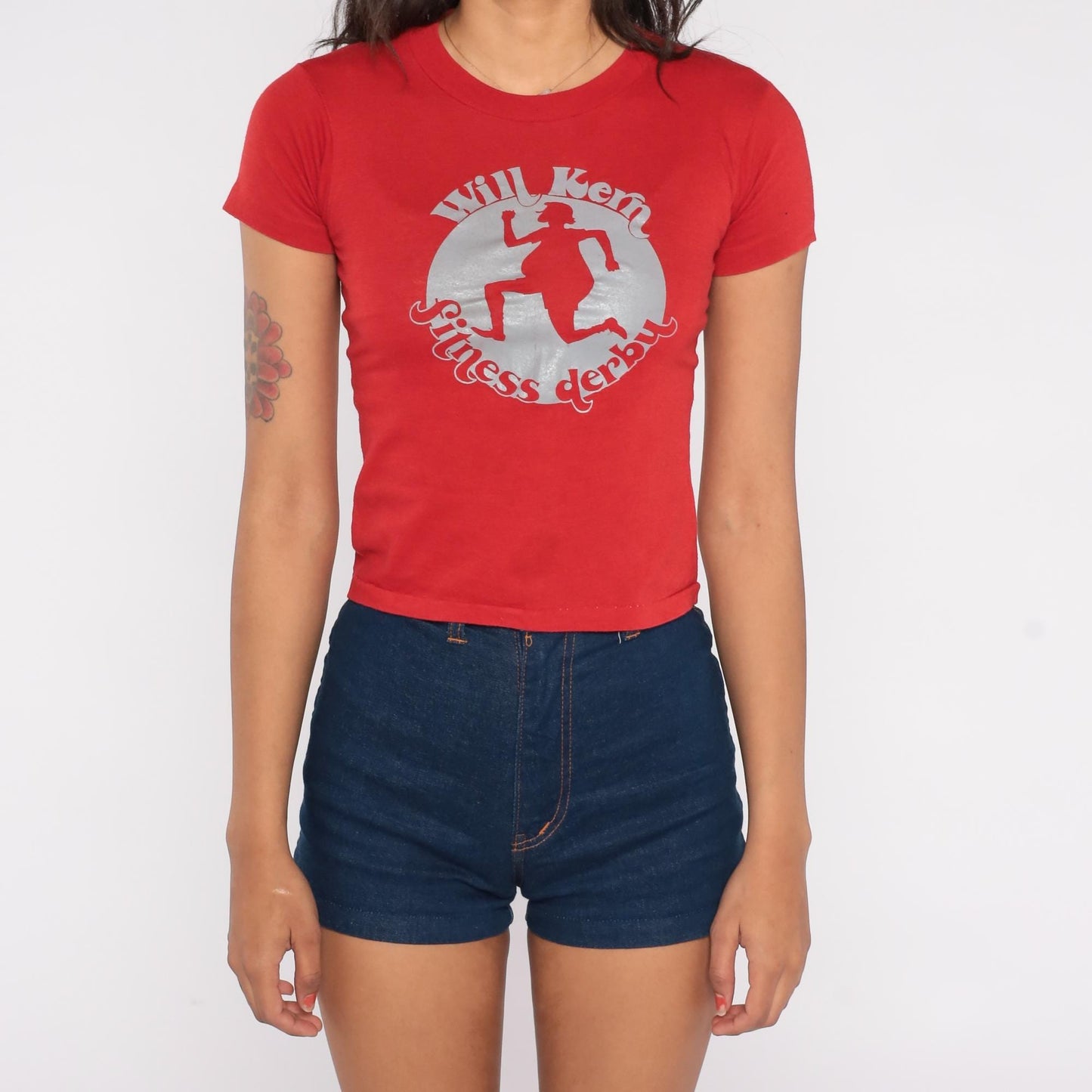 80s Will Kern Fitness Derby Graphic T-Shirt Red Silver Crewneck Extra Small XS