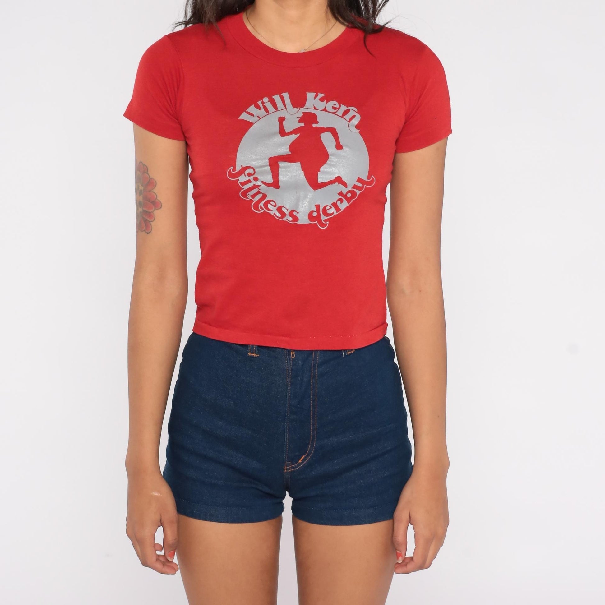 80s Will Kern Fitness Derby Graphic T-Shirt Red Silver Crewneck Extra Small XS