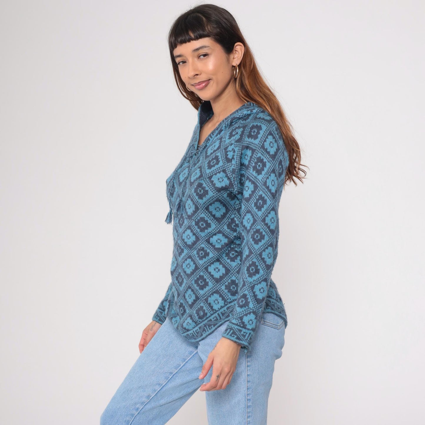 Y2K Slate Blue Geometric Southwest Hoodie Pullover Knit Medium M
