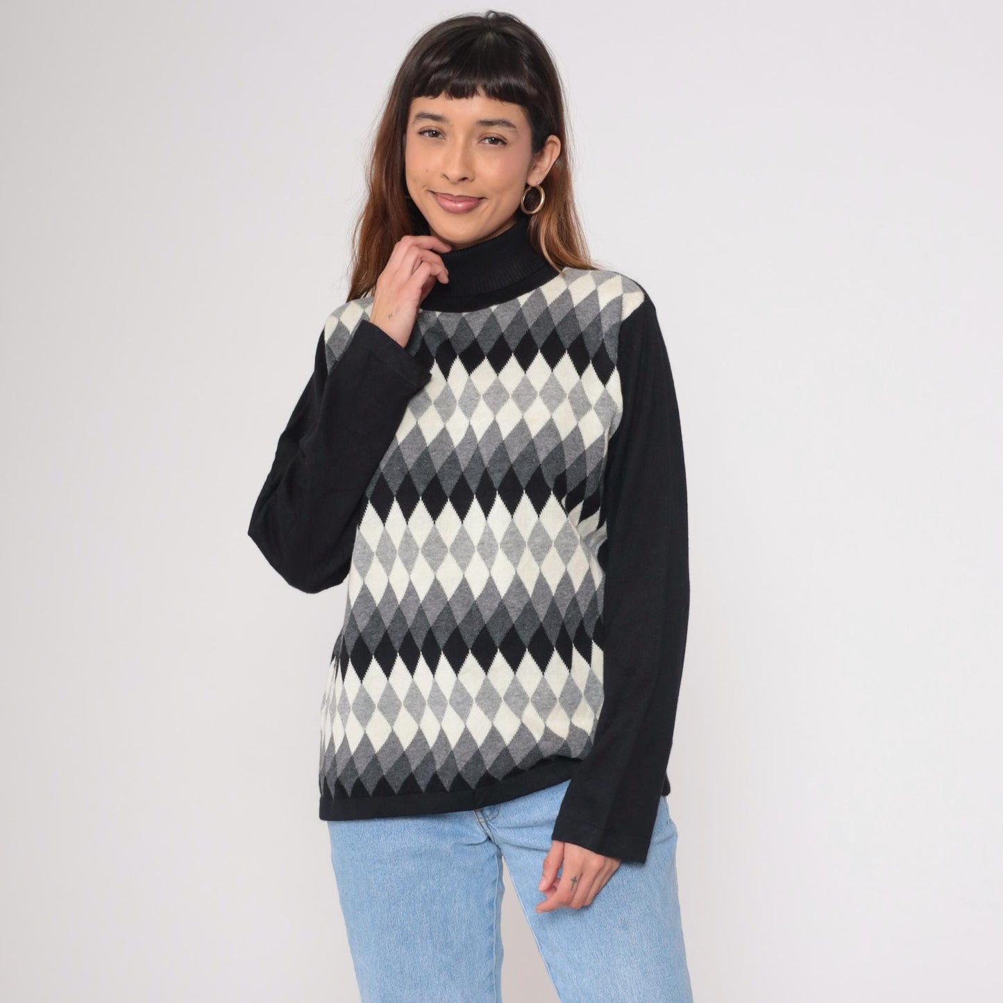 Y2K Argyle Turtleneck Sweater Black White Grey Diamond Knit Large L