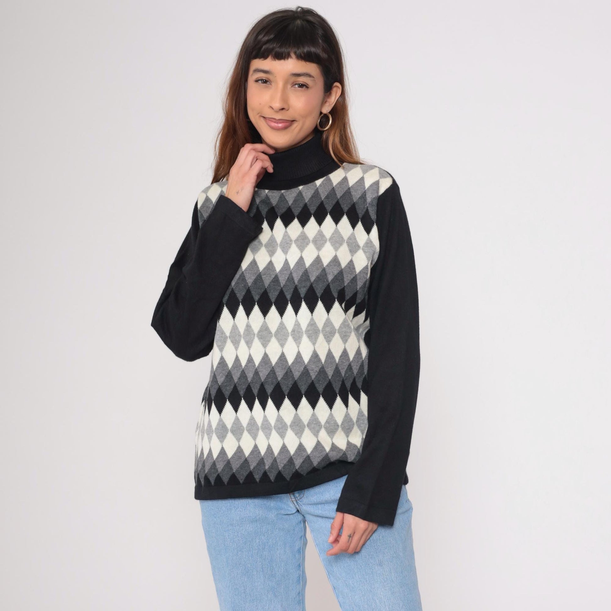 Y2K Argyle Turtleneck Sweater Black White Grey Diamond Knit Large L