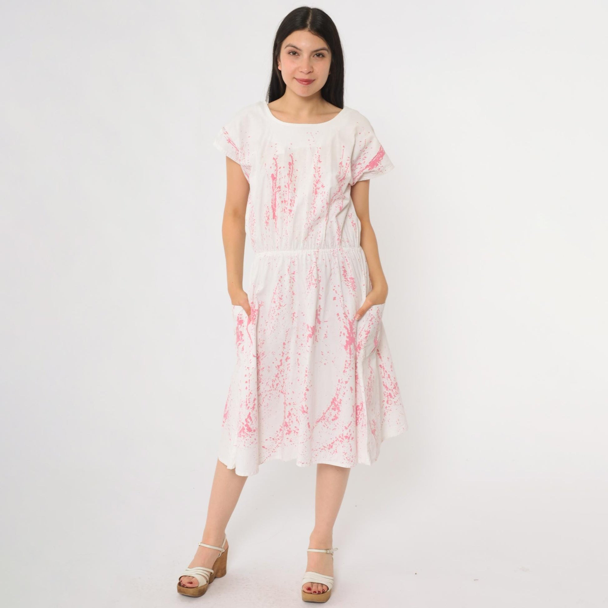 90s White Pink Splatter Print Midi Dress Cotton Short Sleeve Pockets Small