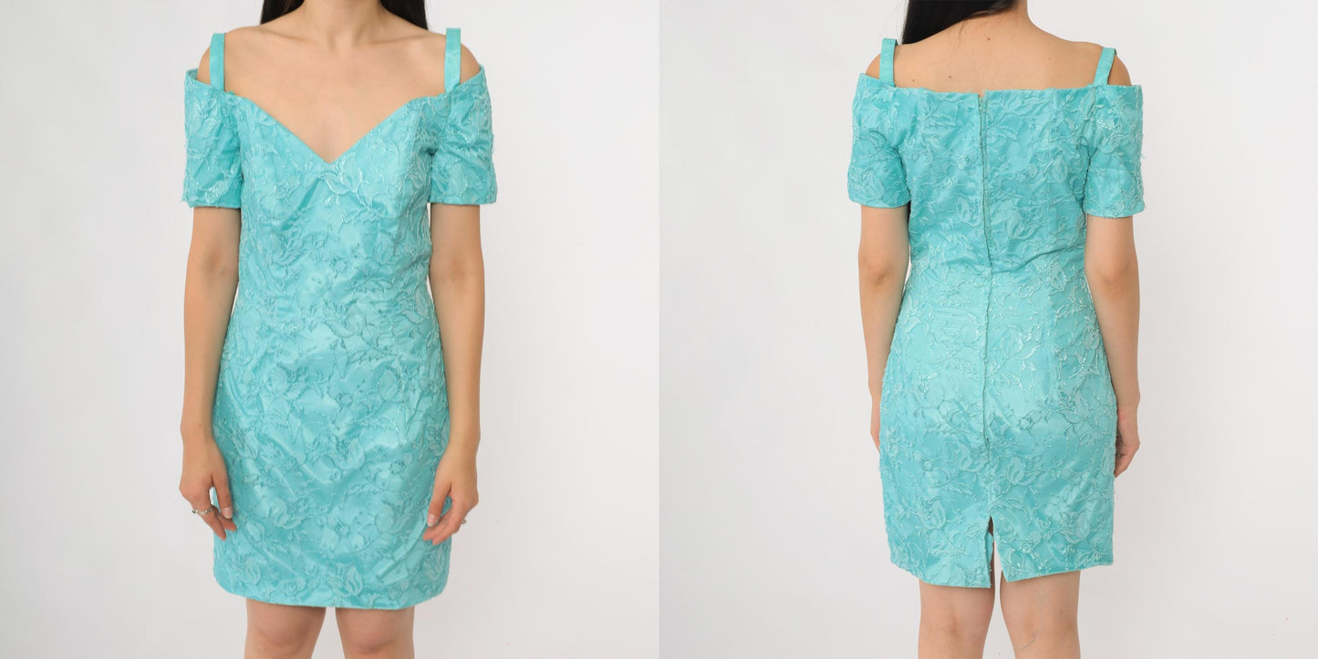 80s Turquoise Lace Mini Dress Off-Shoulder Sweetheart Neckline Short Sleeve Extra Small XS