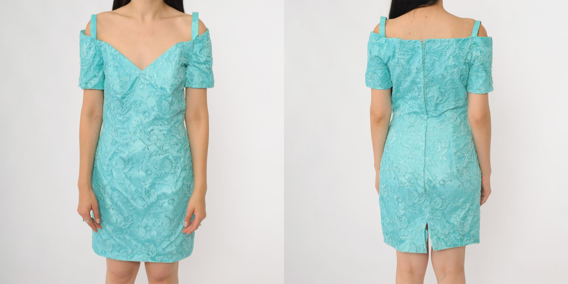 80s Turquoise Lace Mini Dress Off-Shoulder Sweetheart Neckline Short Sleeve Extra Small XS