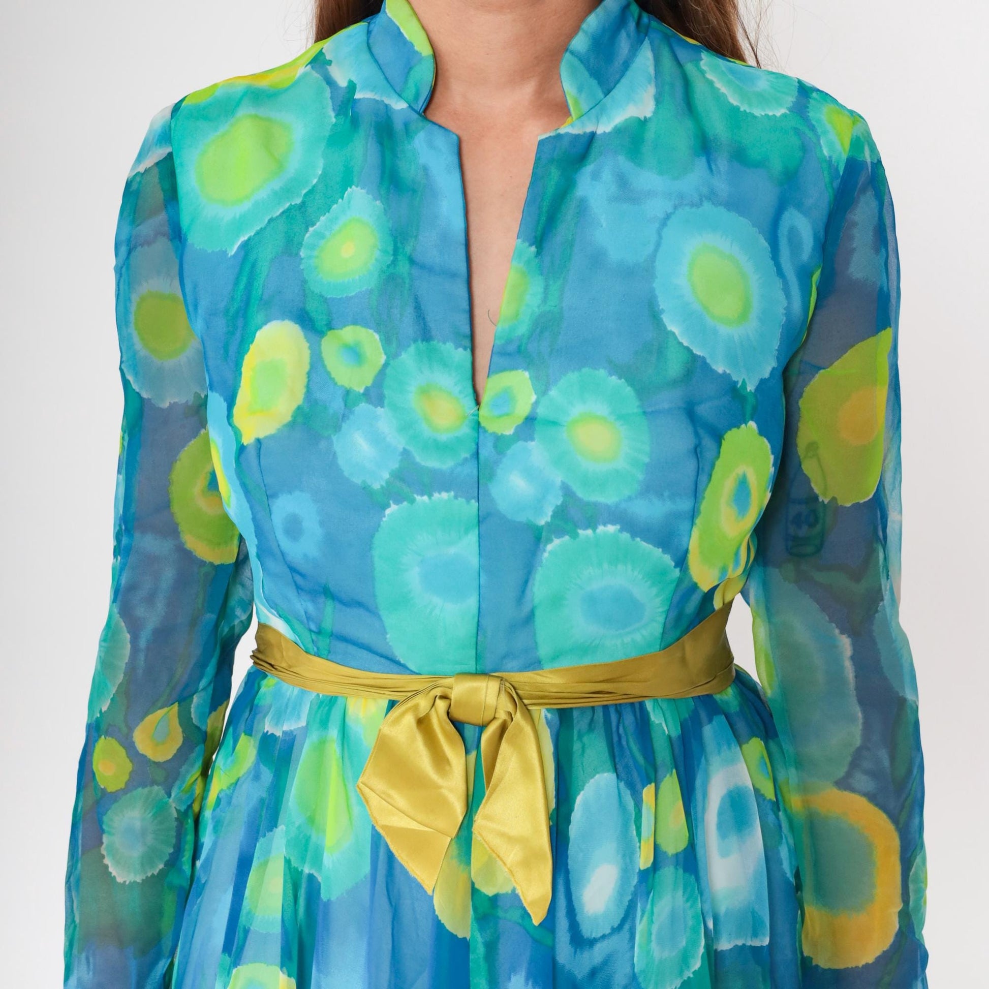70s Maxi Dress Blue Green Psychedelic Print Sheer Collared Long Sleeve Medium