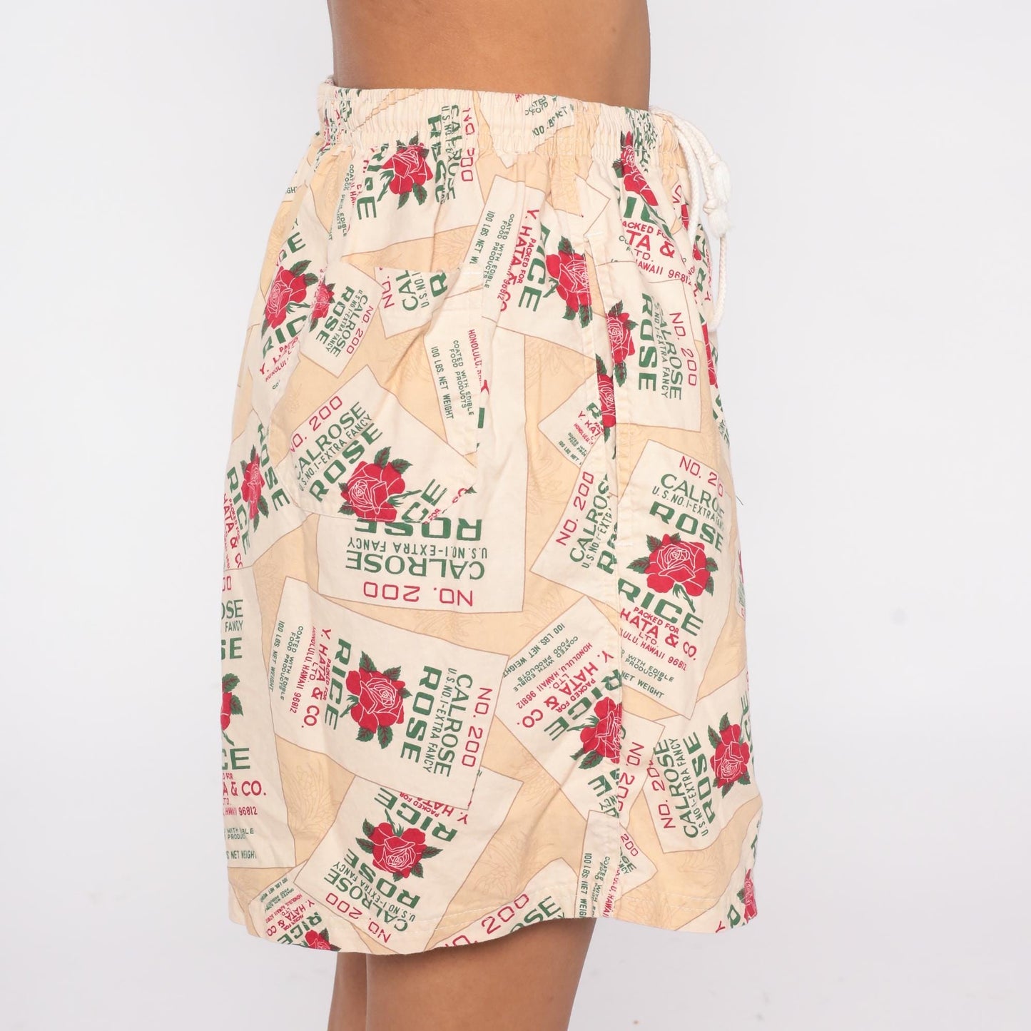 90s Calrose Rice Sack Shorts Y. Hata Honolulu Rose Print Drawstring Medium