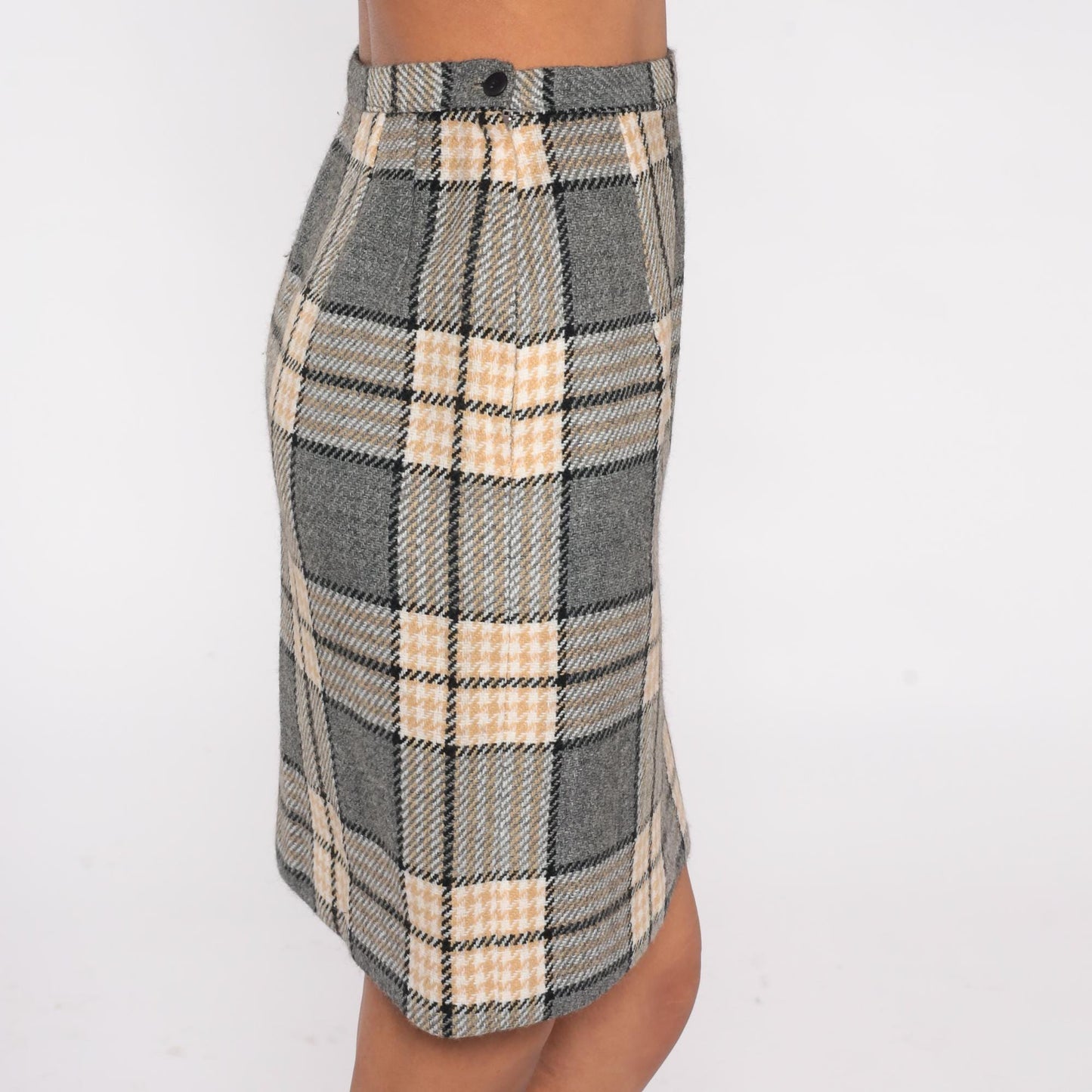 70s Plaid Wool Mini Skirt High Waist Pencil Tailored Grey Cream Black Extra Small XS