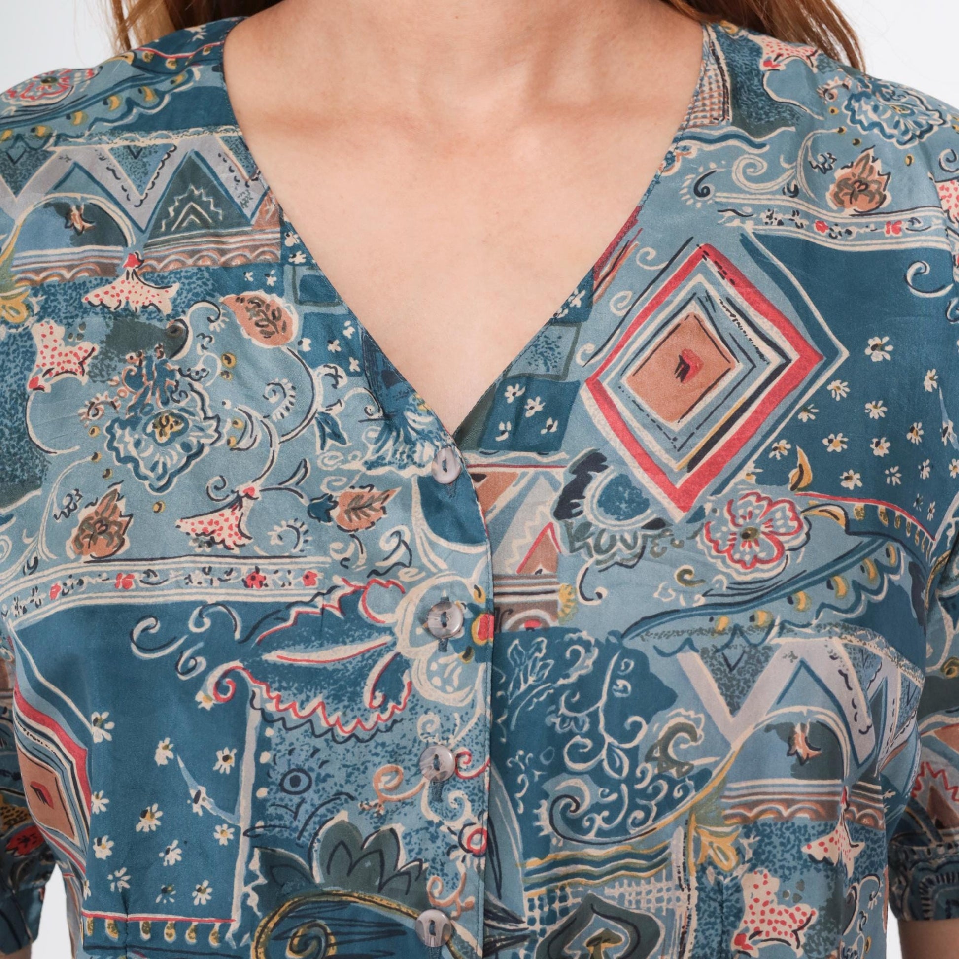 90s Stunt Petites Silk Blouse Blue Paisley Geometric Print V-Neck Short Sleeve Large