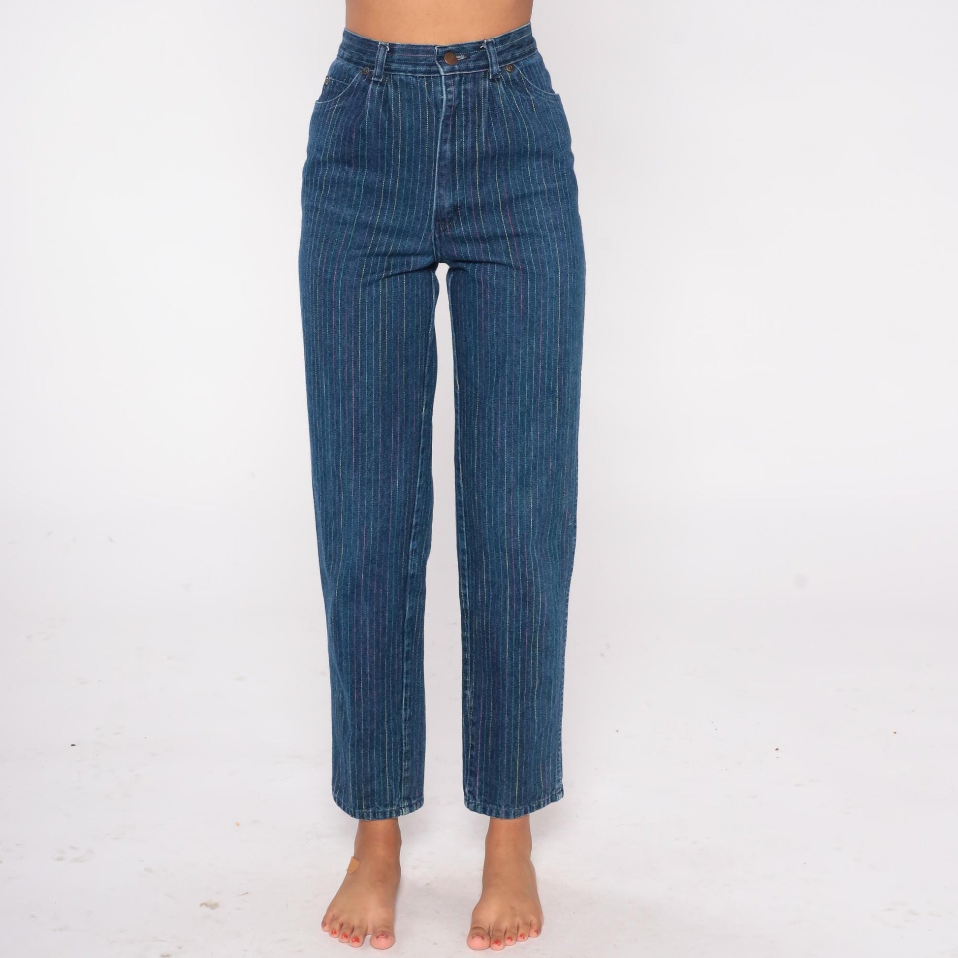 90s Rainbow Pinstripe High Waist Jeans Blue Multicolor Mom Denim Small S