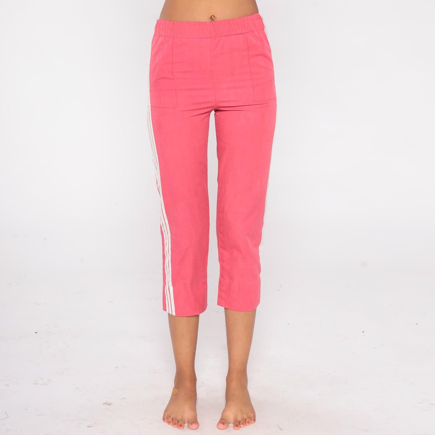 80s Sears Coral Pink Track Pants Capri White Side Stripe Extra Small XS