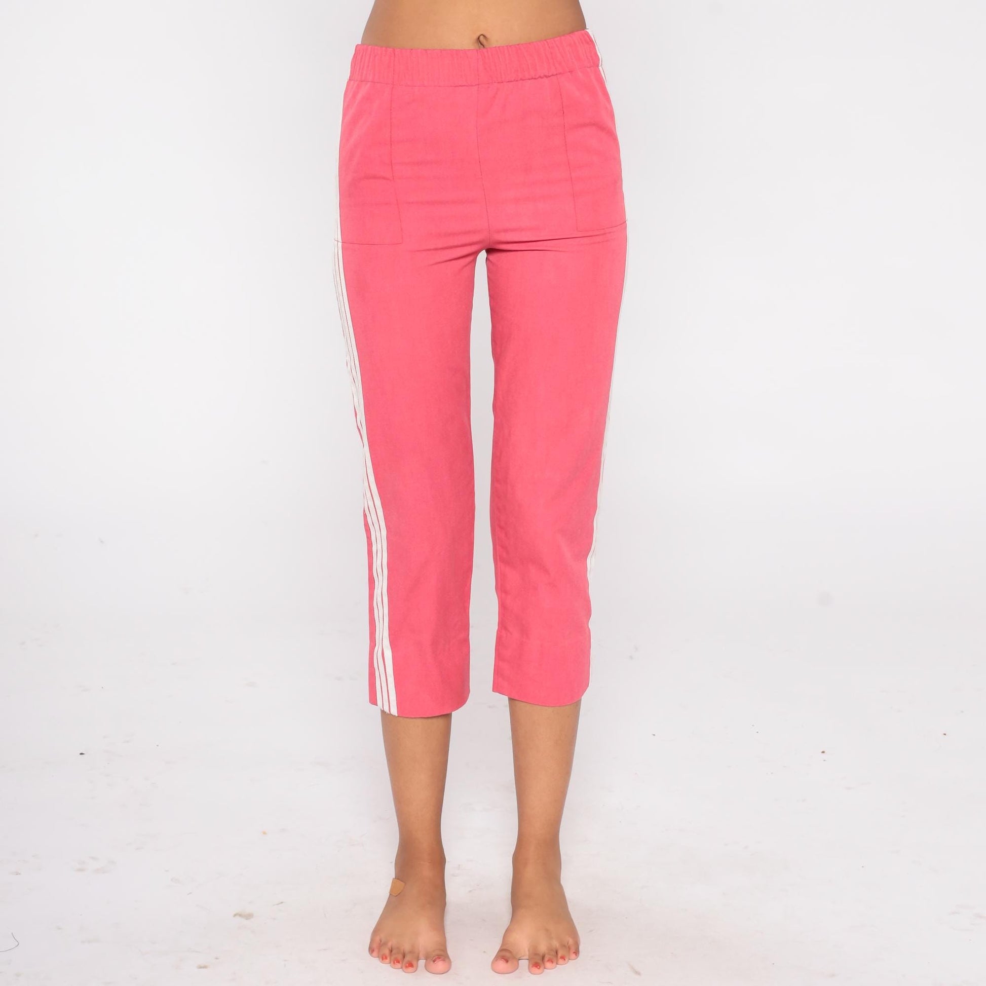 80s Sears Coral Pink Track Pants Capri White Side Stripe Extra Small XS