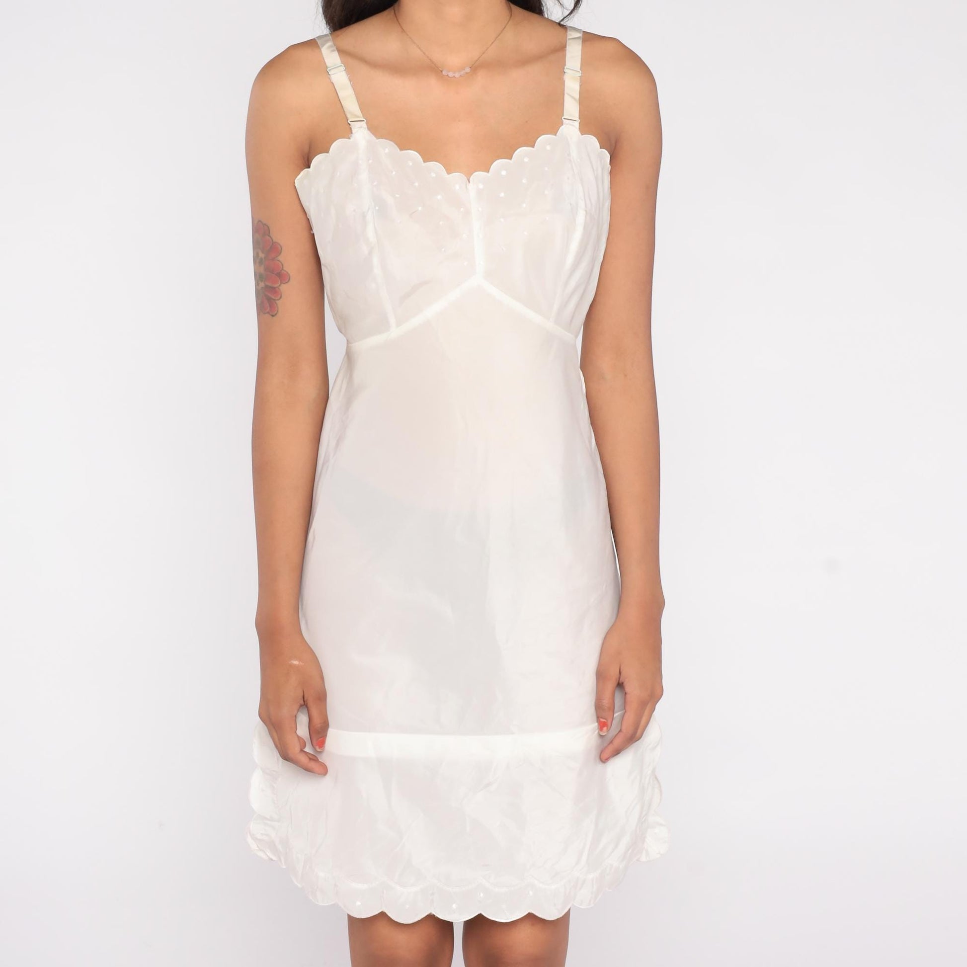 60s Barbizon White Slip Dress Dotted Swiss Scalloped Hem Small S