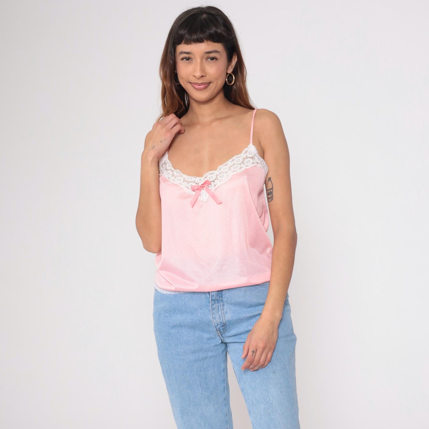 80s Pink Satin Camisole Nylon Lace Trim Bow Tank Medium