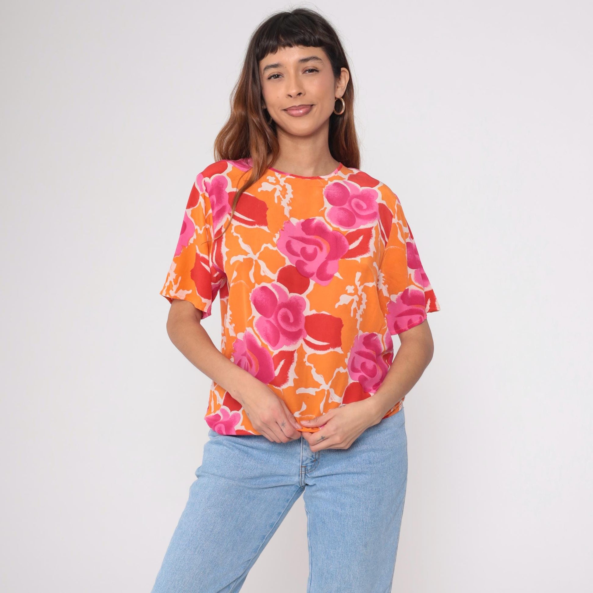 Y2K Christie and Jill Silk Blouse Floral Orange Pink Short Sleeve Medium M