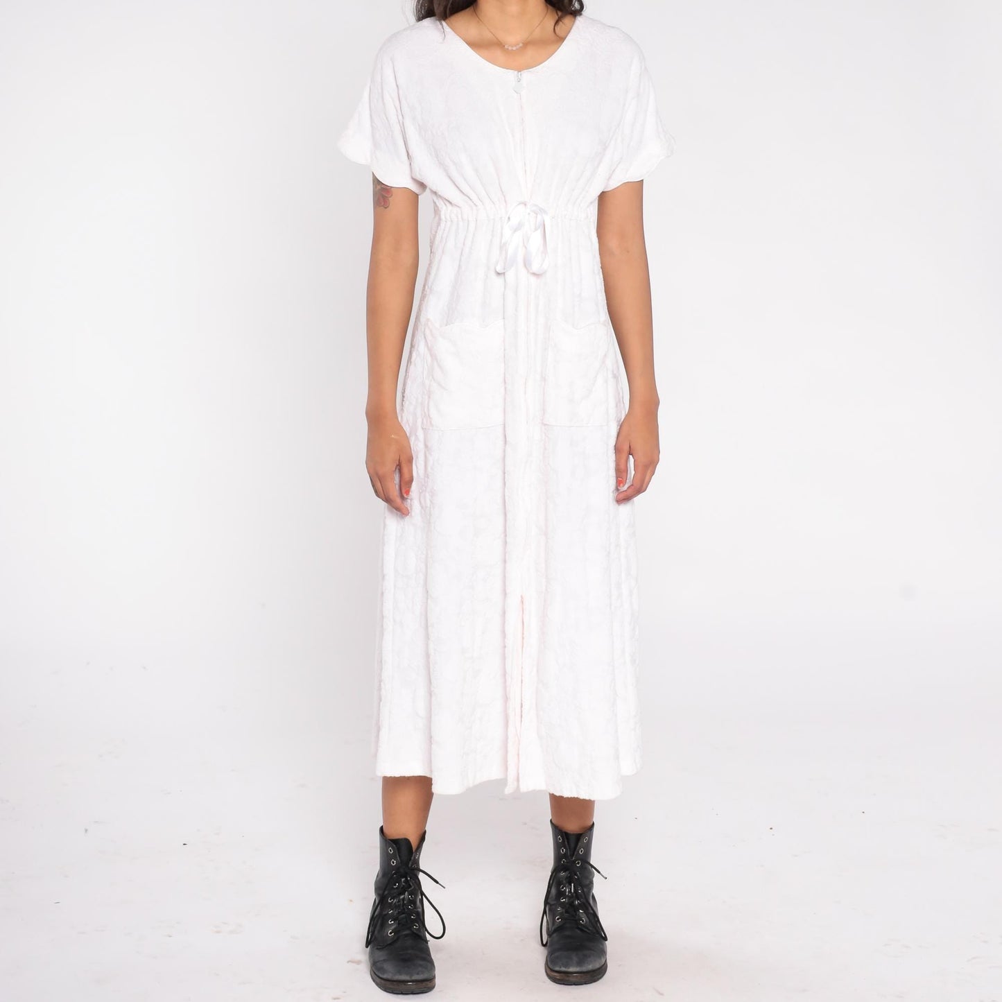 90s Eileen West Blush Pink Cotton Midi Dress Small Pockets