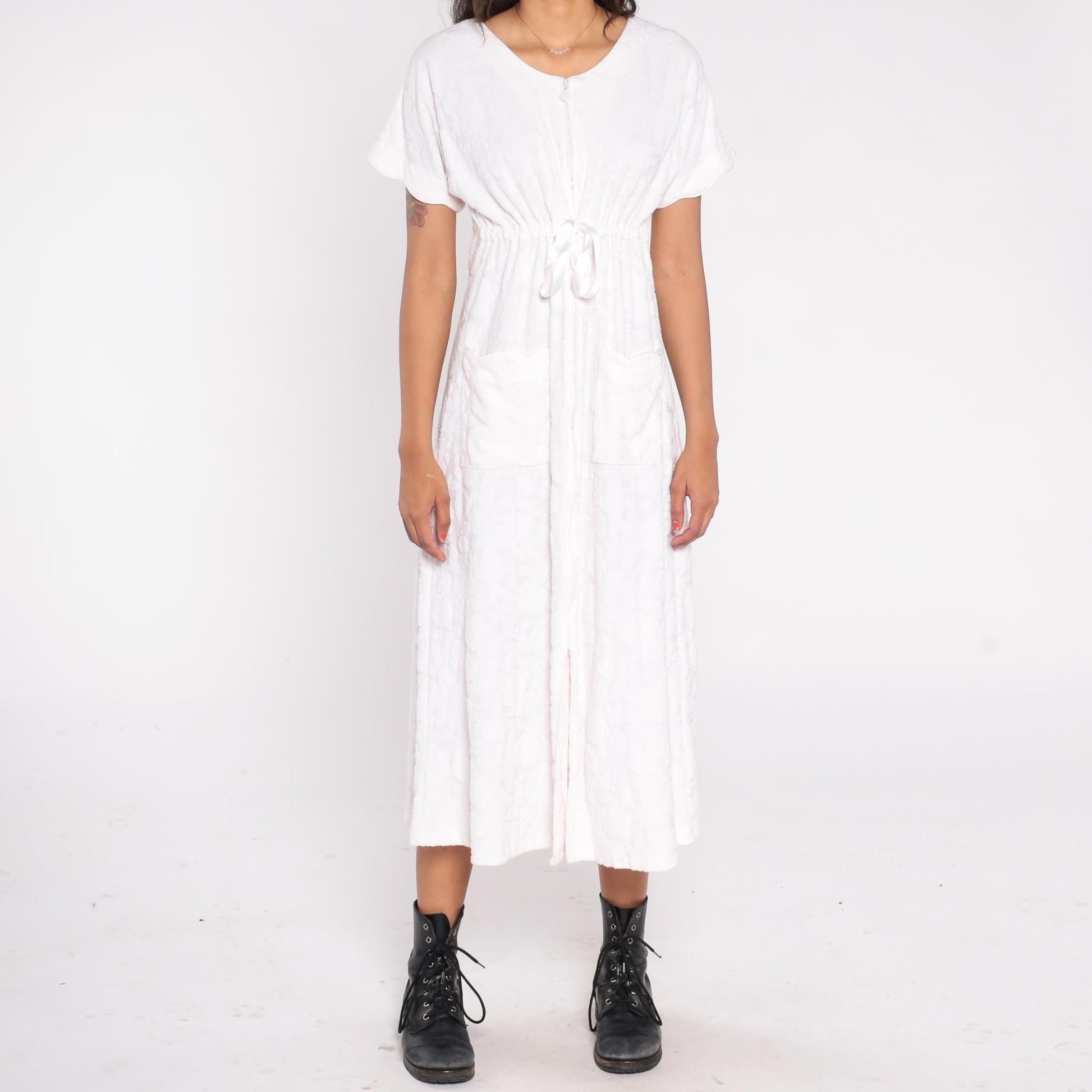 90s Eileen West Blush Pink Cotton Midi Dress Small Pockets
