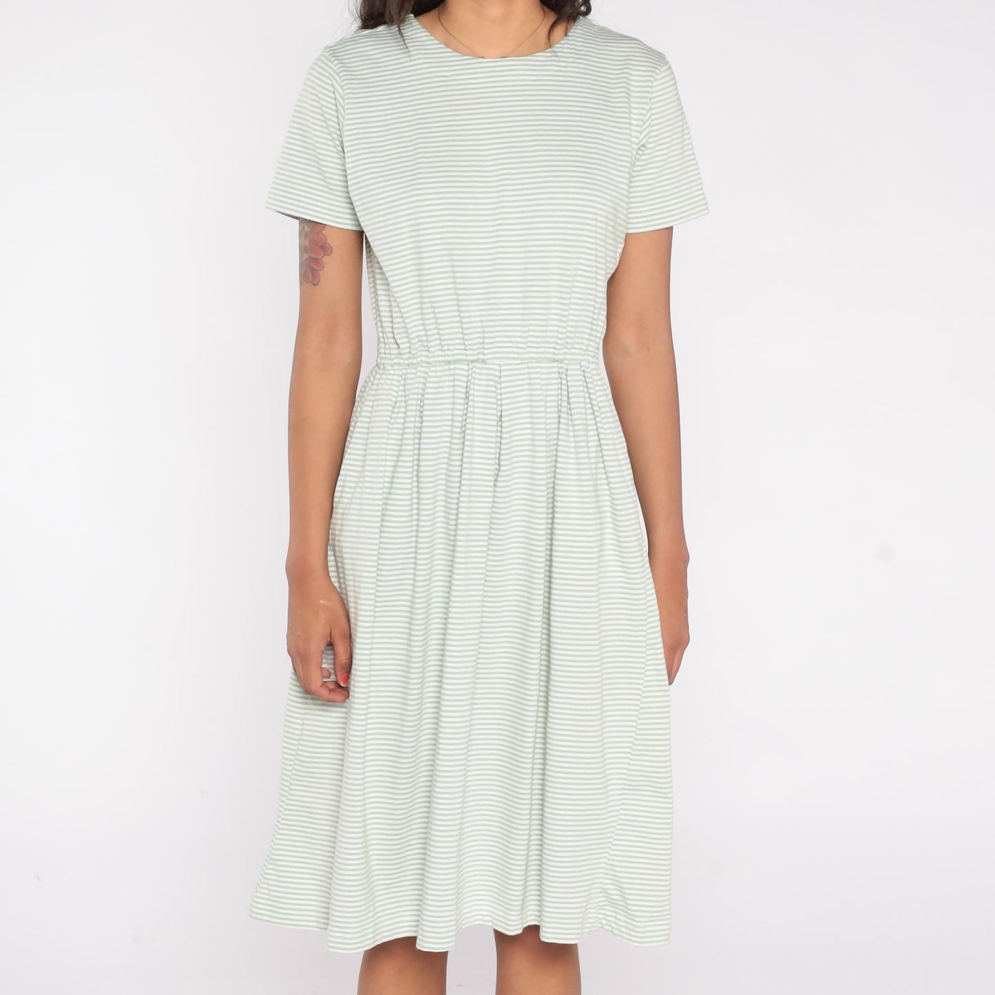80s Herman Geist Mint Striped Cotton Dress Elastic Waist Button Back Small